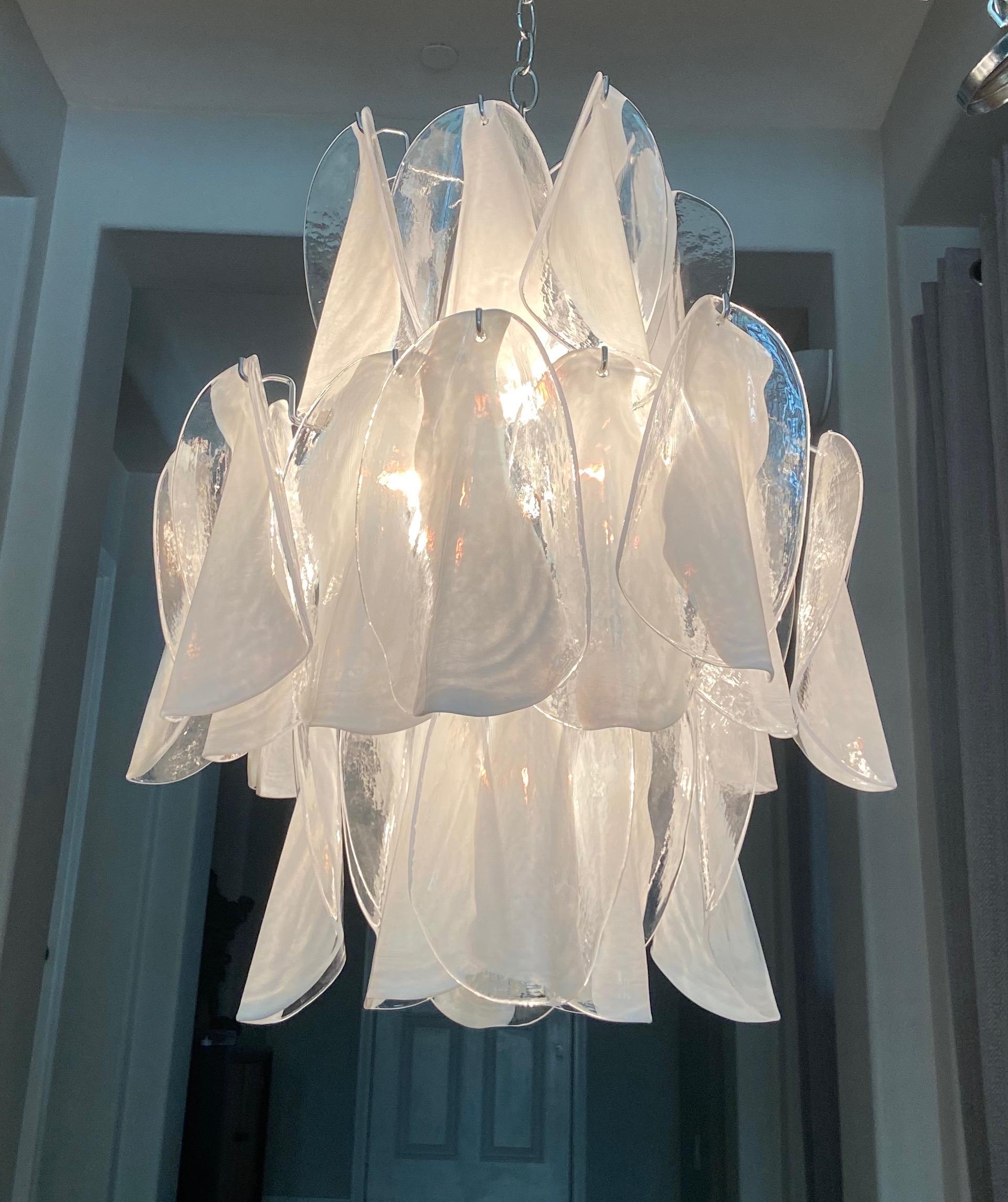 Mazzega Murano Clear and White Petal Chrome Chandelier 5