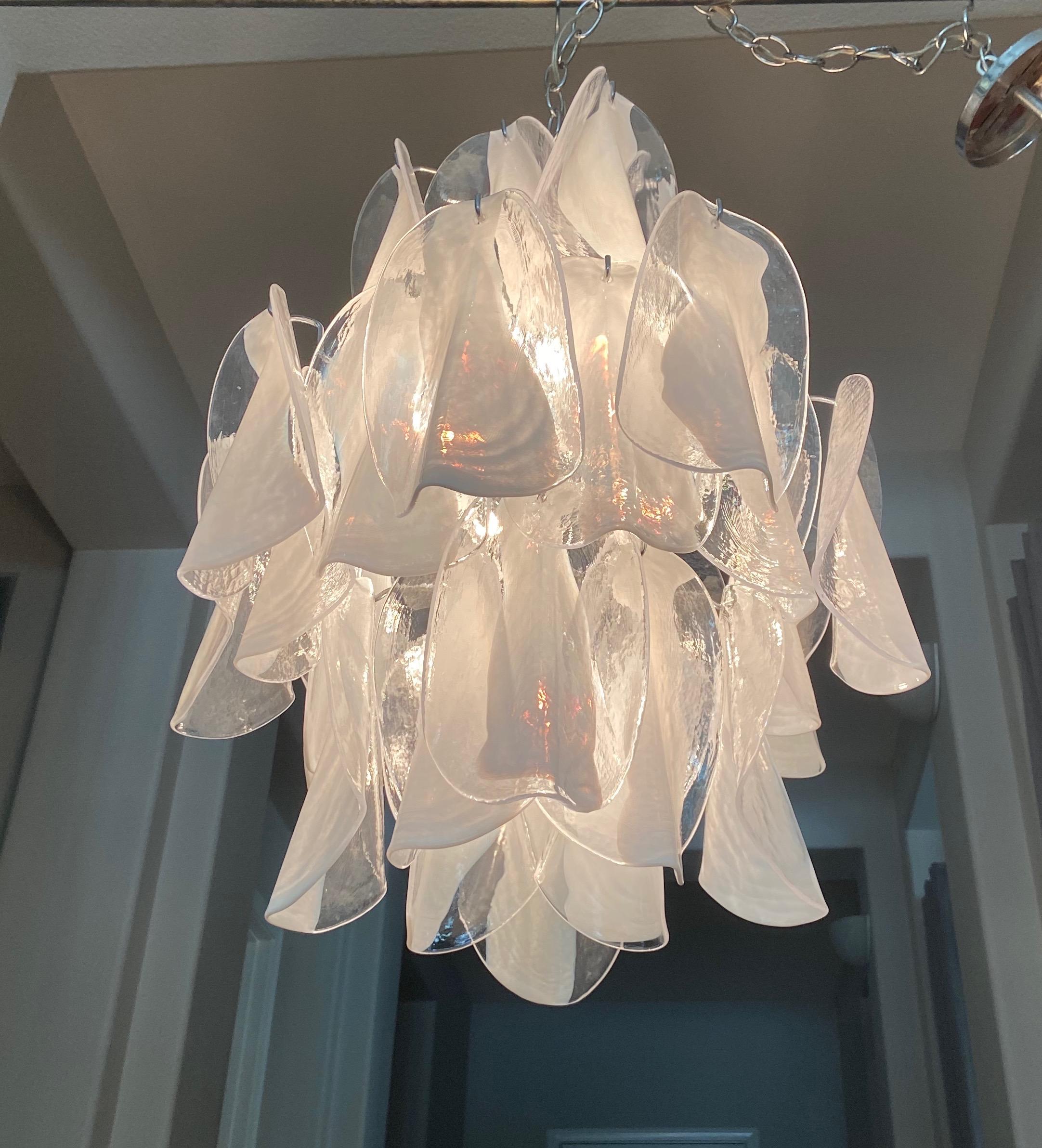 Mazzega Murano Clear and White Petal Chrome Chandelier 6