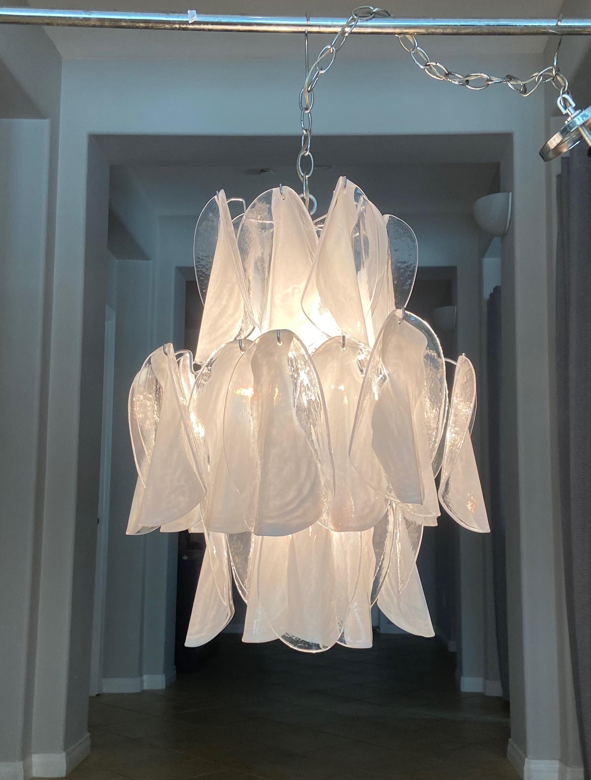 Mazzega Murano Clear and White Petal Chrome Chandelier 7