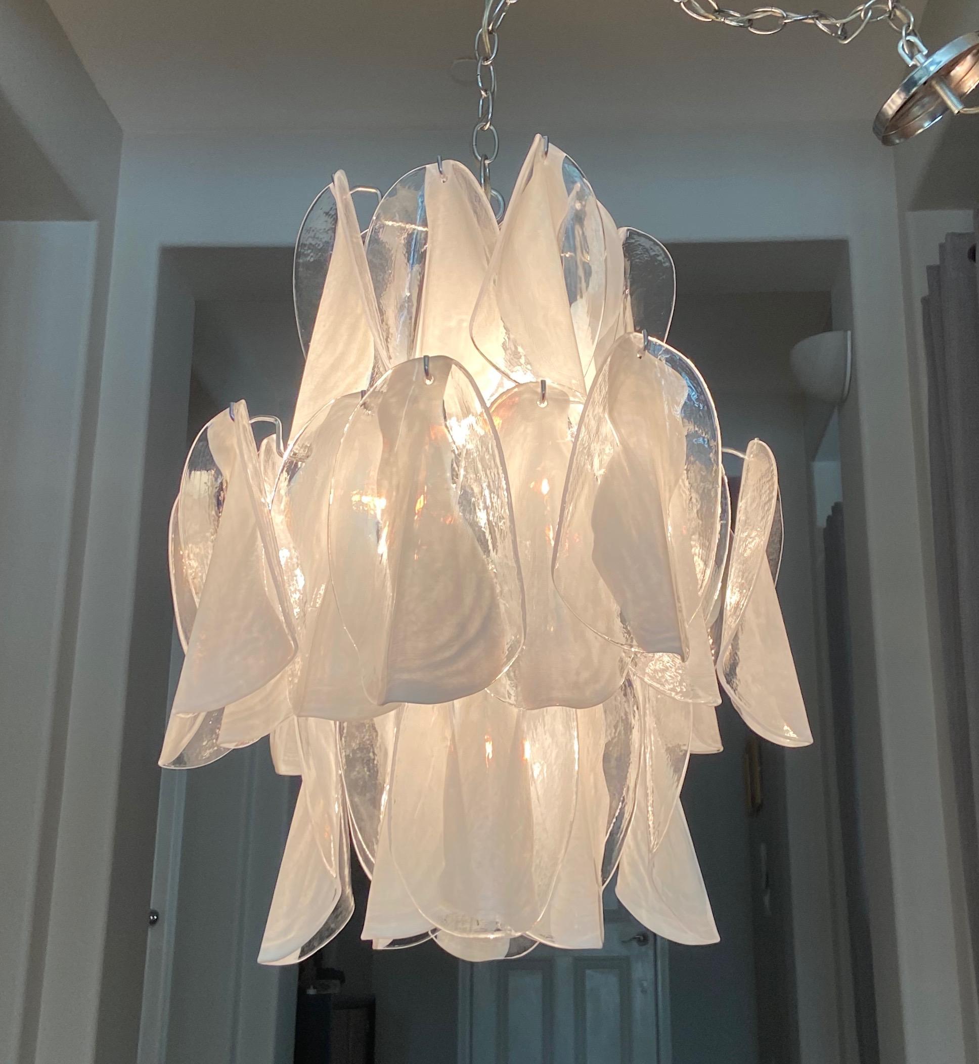 Mazzega Murano Clear and White Petal Chrome Chandelier 8