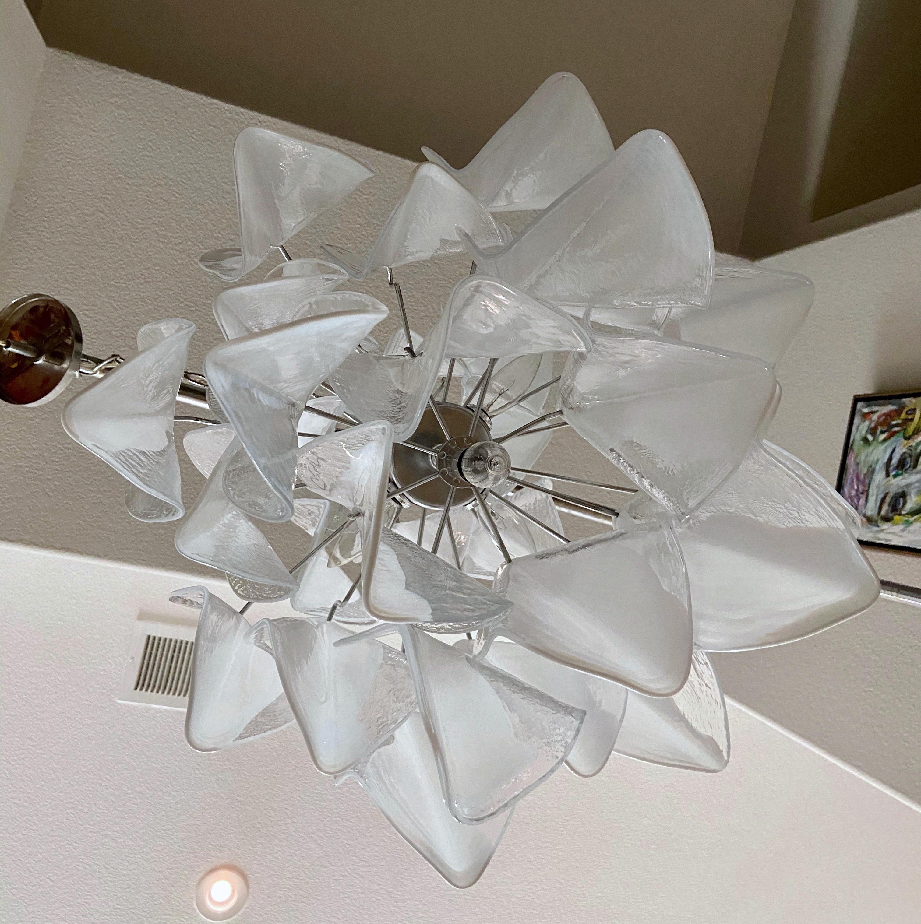 Mazzega Murano Clear and White Petal Chrome Chandelier 2