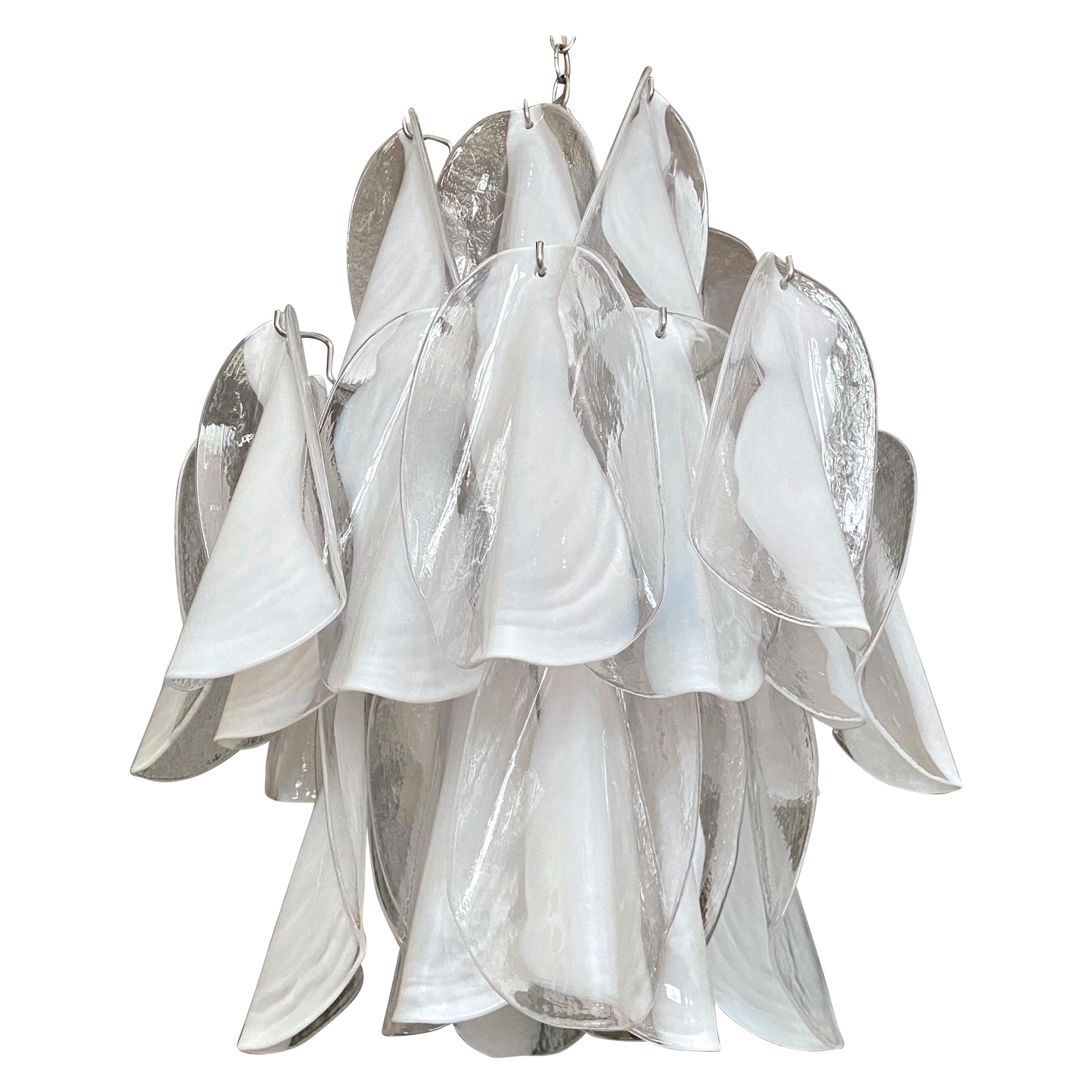 Mazzega Murano Clear and White Petal Chrome Chandelier