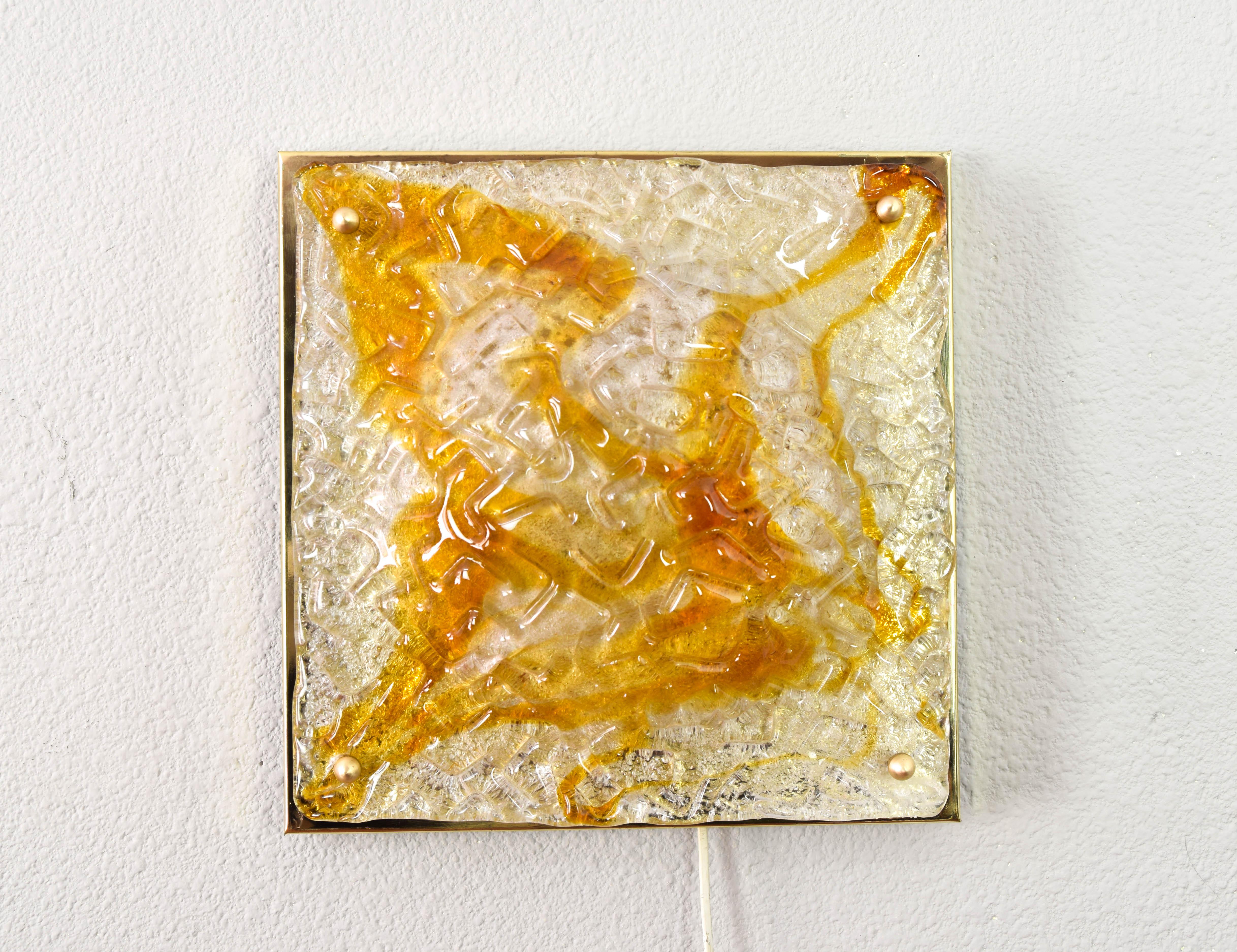 20th Century Mazzega Murano Glass and Brass Midcentury Italian Modern Flushmount Sconce 60s For Sale