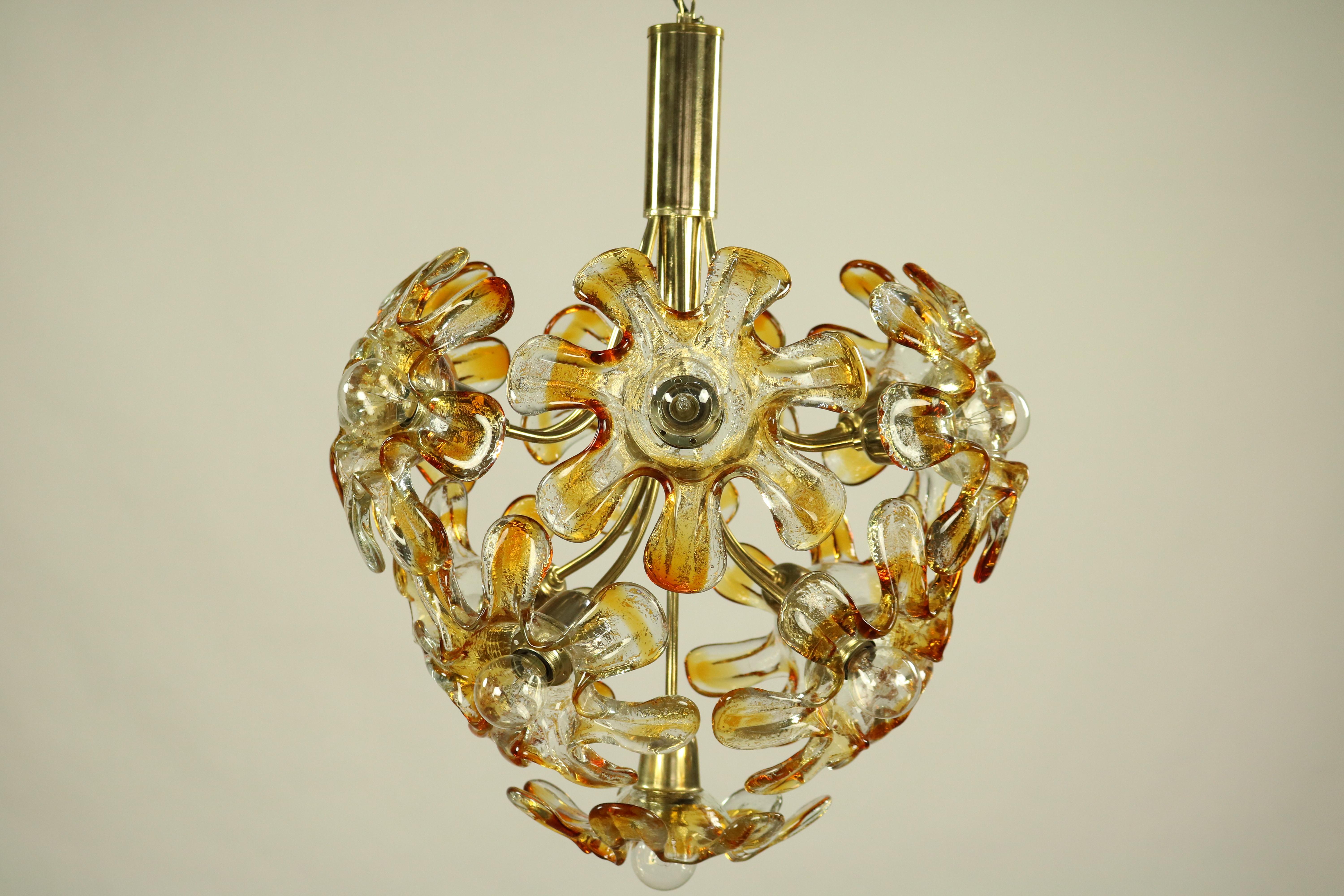 Blown Glass Mazzega Murano Glass Flower or Blossom Chandelier 11 Light Pendant Lamp For Sale