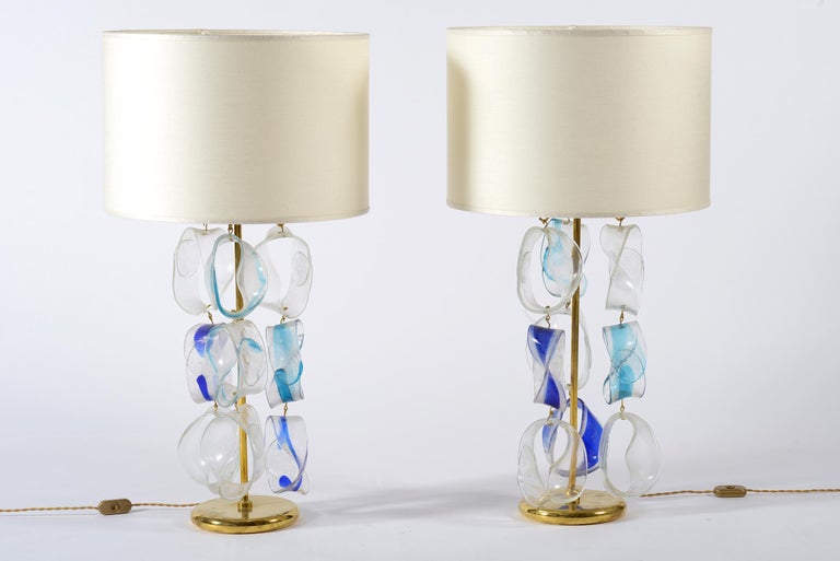 Mazzega Murano Midcentury Pair of Italian Glass and Brass Table Lamps, 1960 For Sale 6