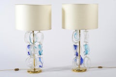 Mazzega Murano Midcentury Pair of Italian Glass and Brass Table Lamps, 1960