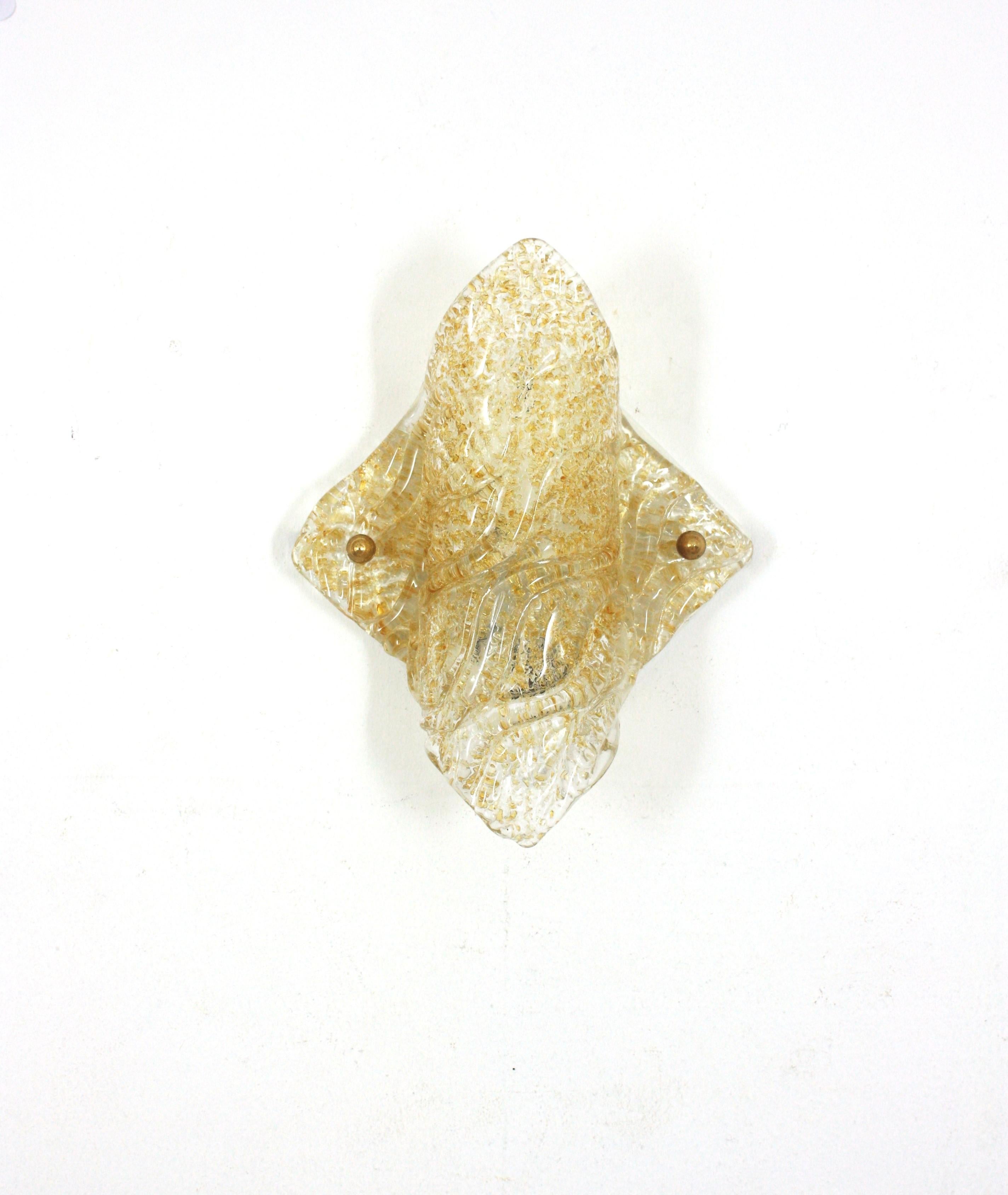 Italian Mazzega Murano Rhombus Wall Light in Textured Clear Glass and Gold Flecks For Sale