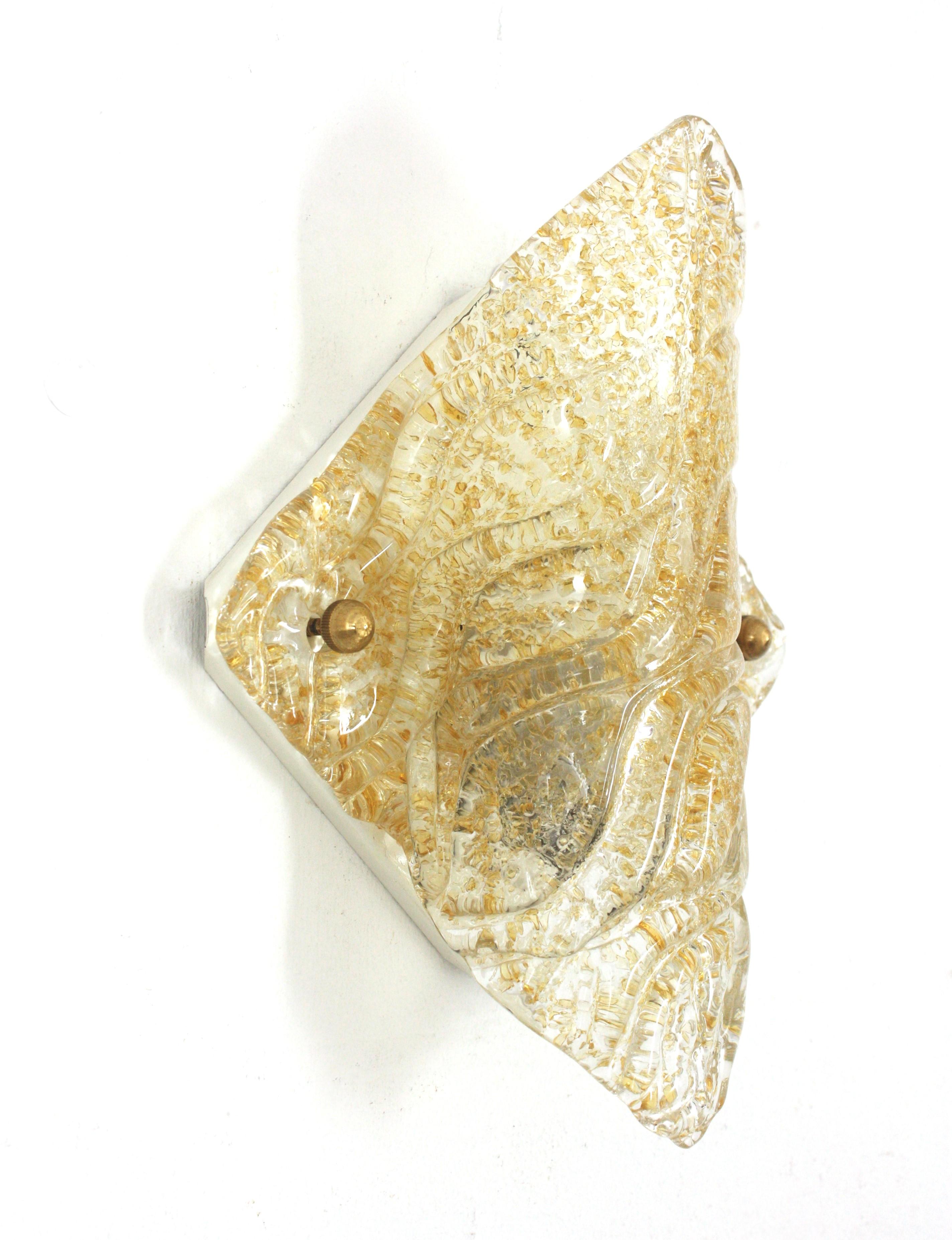 20th Century Mazzega Murano Rhombus Wall Light in Textured Clear Glass and Gold Flecks For Sale