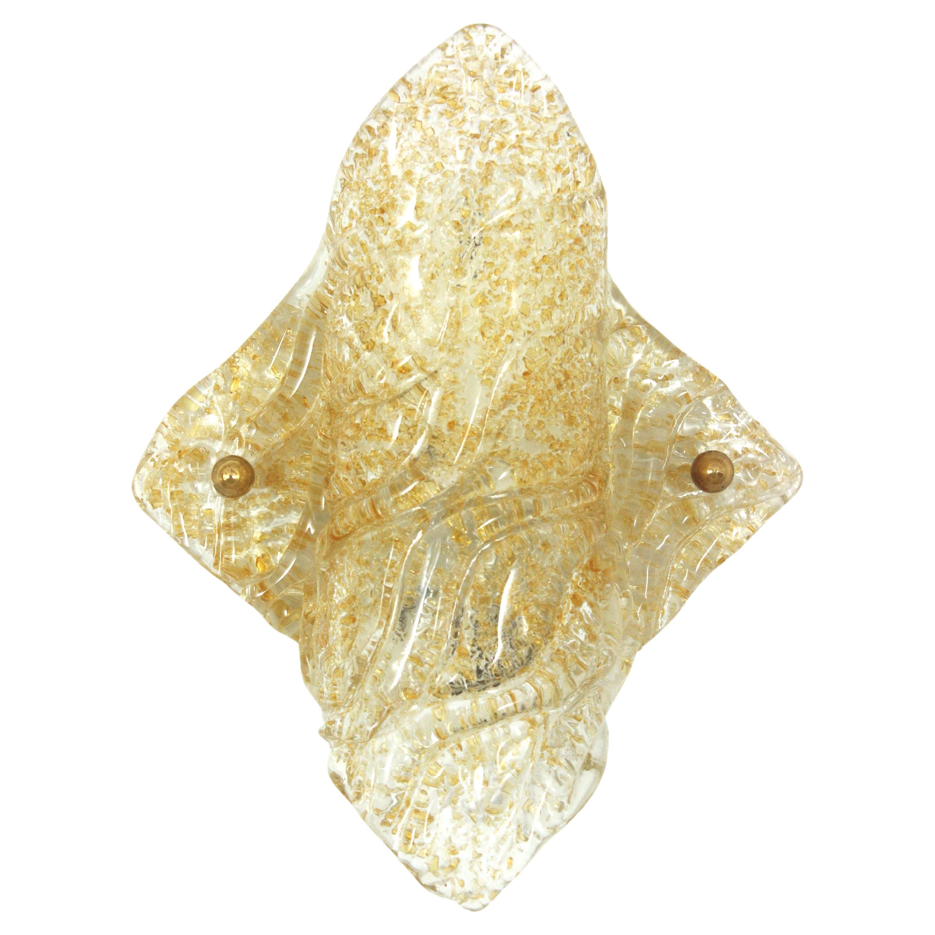 Mazzega Murano Rhombus Wall Light in Textured Clear Glass and Gold Flecks For Sale
