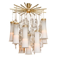 Mazzega Murano Swirl Chandelier, Brass & Glass, Italy, 1980