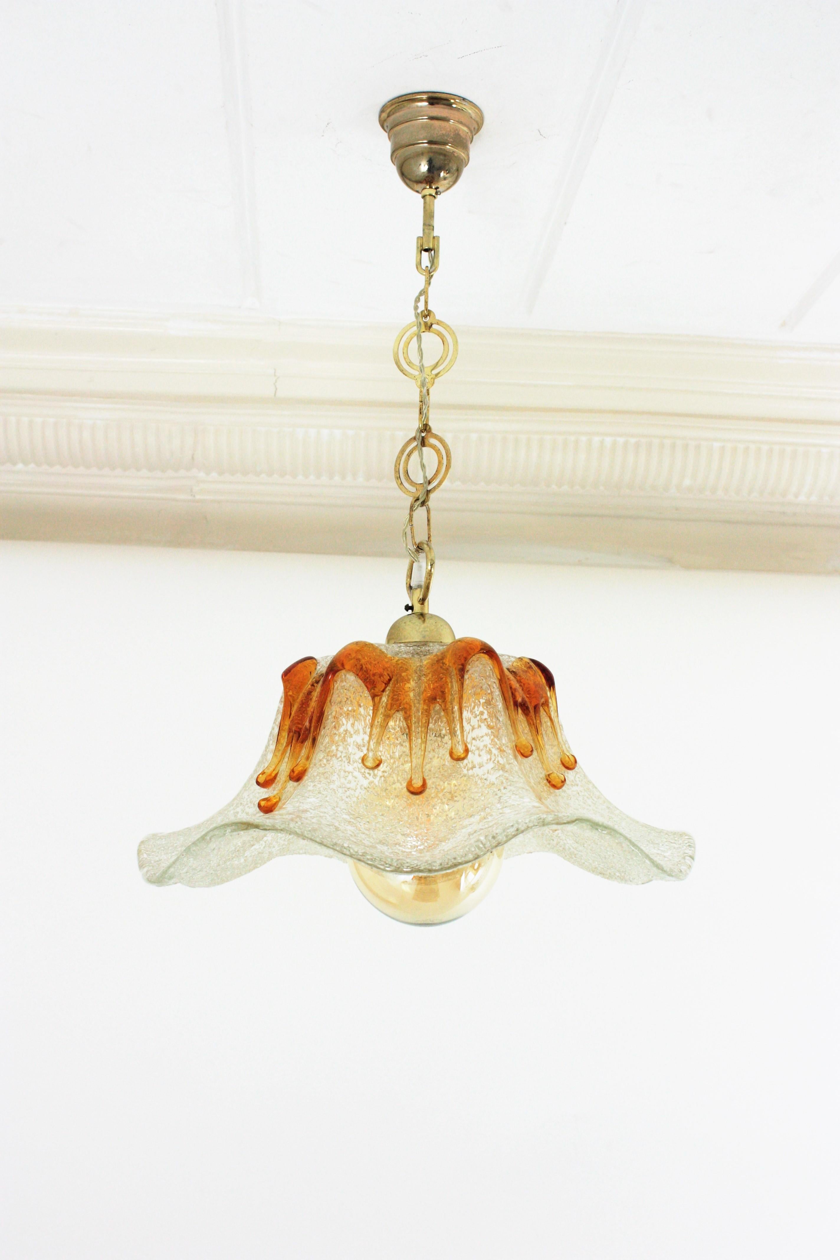 Brass Mazzega Murano Tulip Amber and Clear Art Glass Chandelier or Pendant For Sale