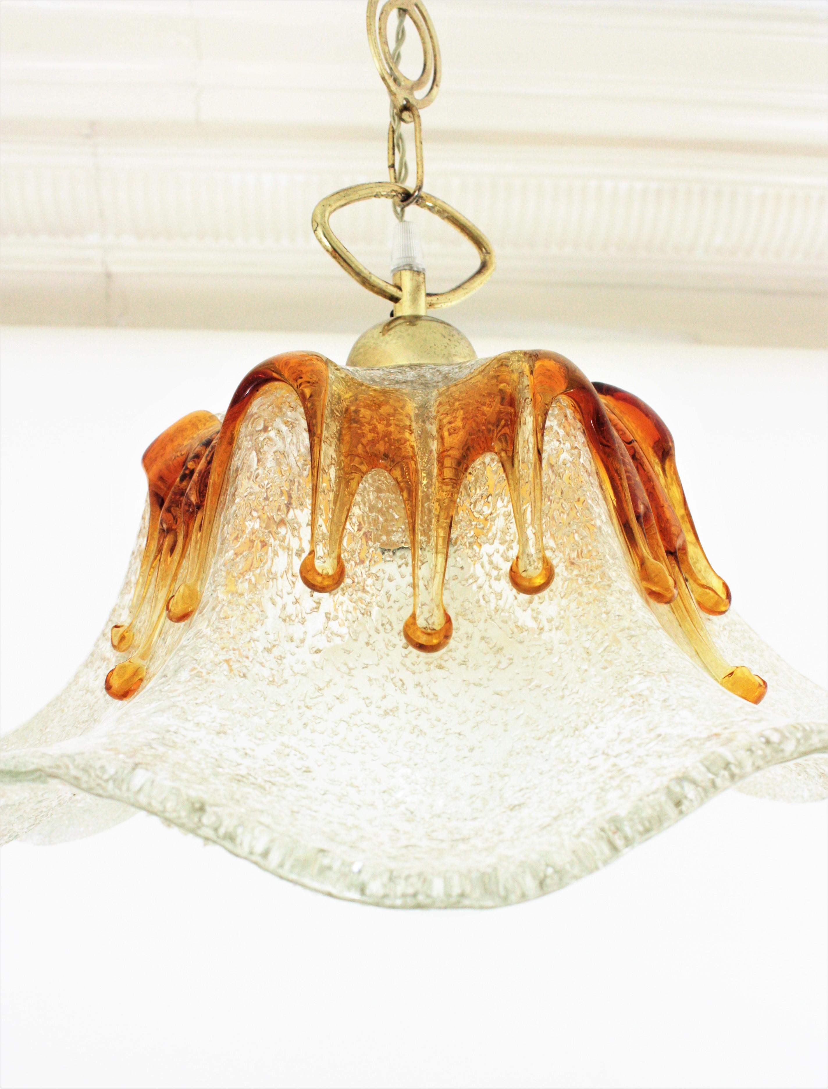 Hand-Crafted Mazzega Murano Tulip Amber and Clear Art Glass Chandelier or Pendant For Sale