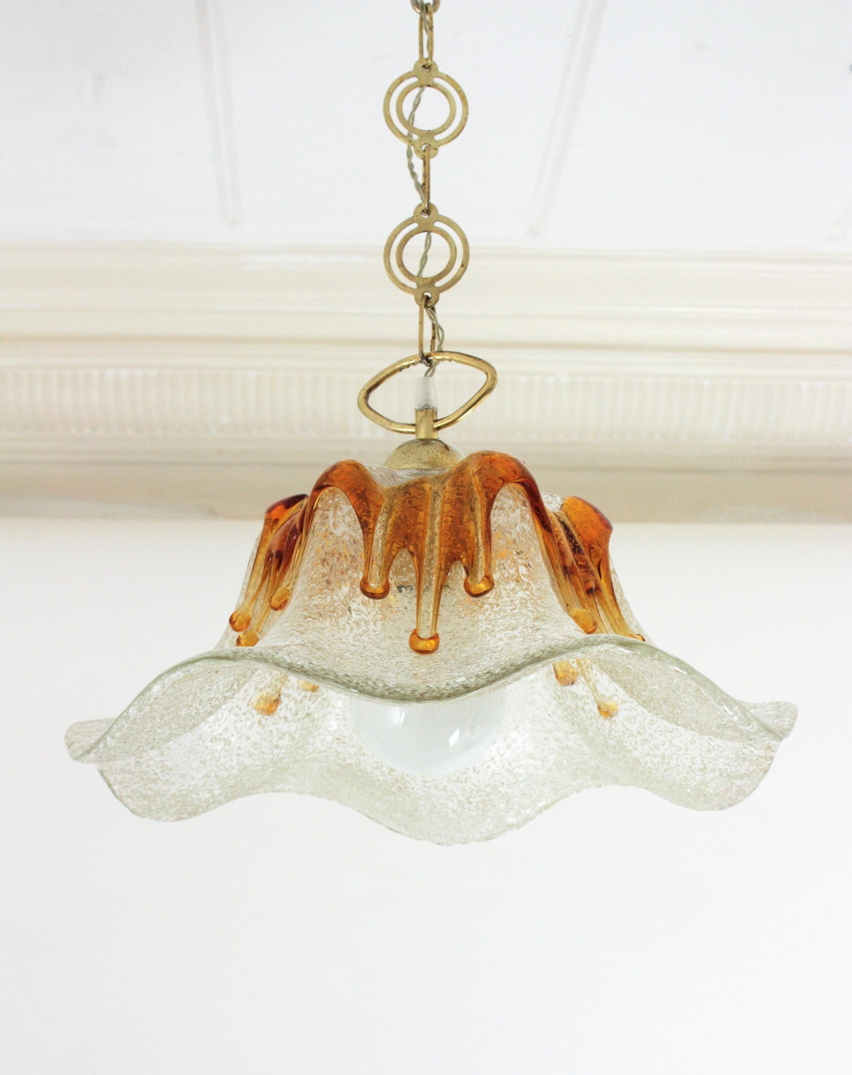 20th Century Mazzega Murano Tulip Amber and Clear Art Glass Chandelier or Pendant For Sale