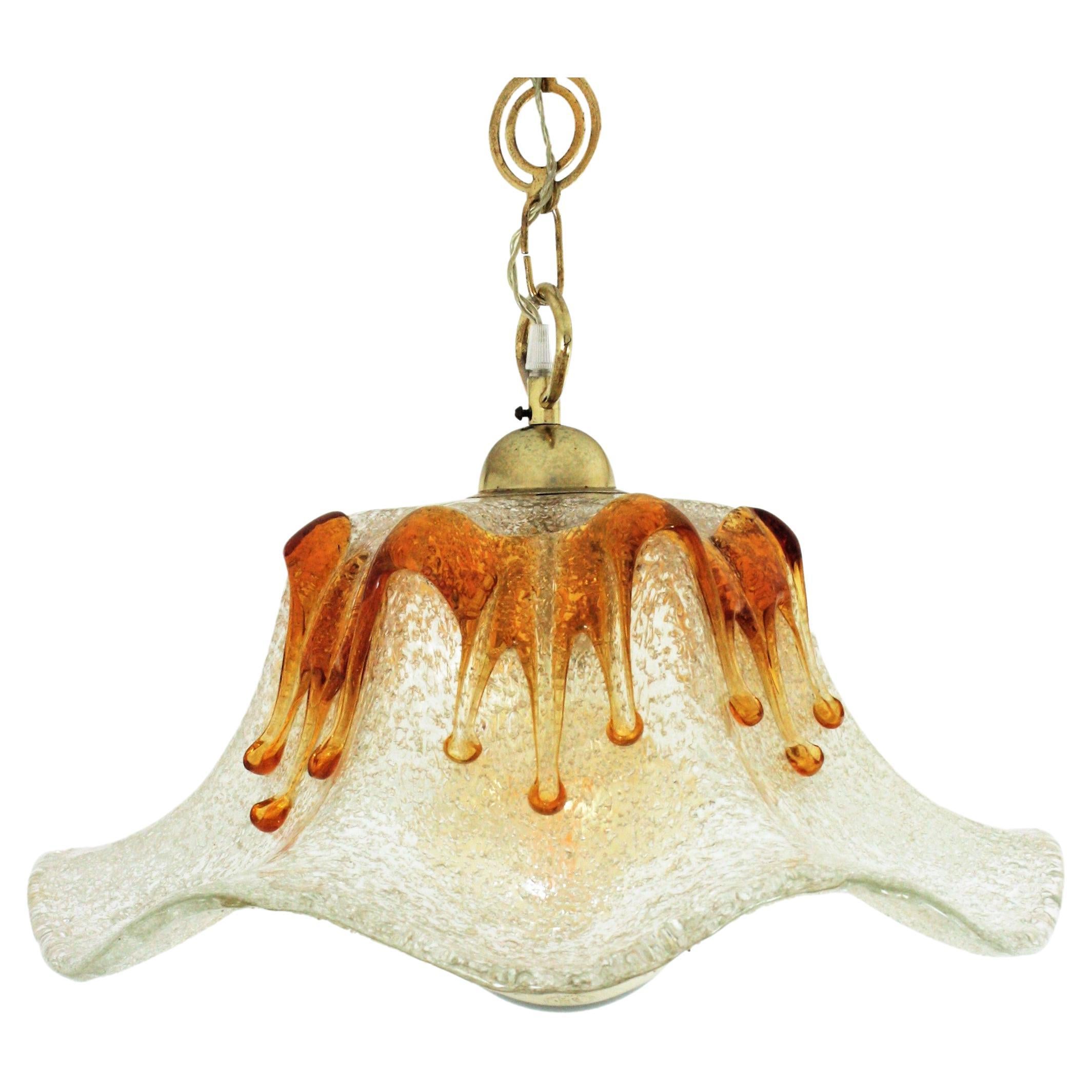 Lustre ou pendentif en verre d'art ambre et transparent de Murano Tulipe