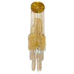 Mazzega Pendant Glass Murano gold Ice Frost Leaves brass Structure, Italy 1970