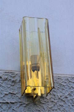 Mazzega Square Yellow Murano Glass Sconce Italian Design 1970 Brass Gold