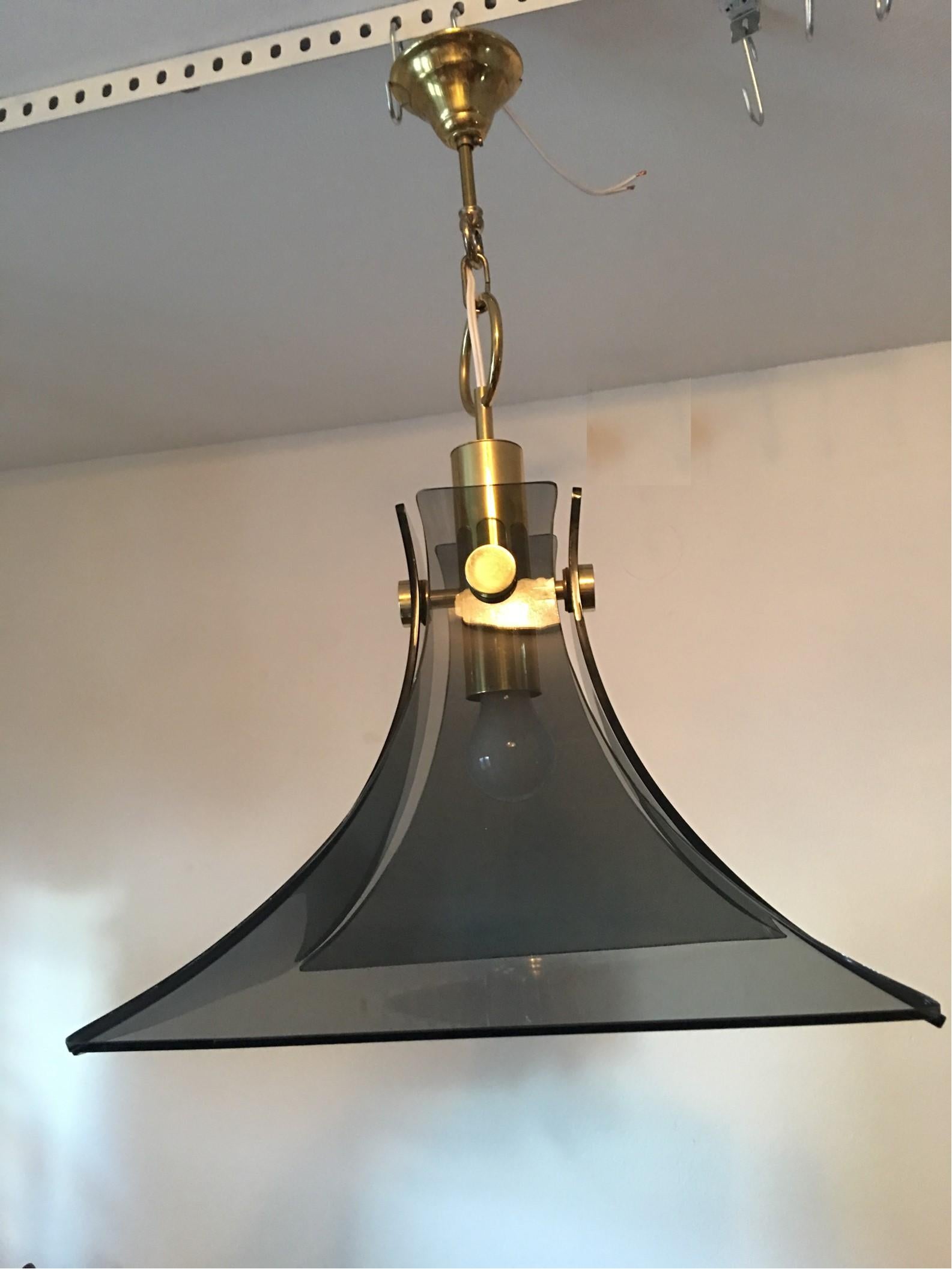 Mazzega Style Brass and Smoke Glass Chandelier, Beautiful Item In Fair Condition For Sale In Frisco, TX