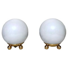 Mazzega Style Italian Pair of Table Lamps in Brass and Blown Opaline Glass