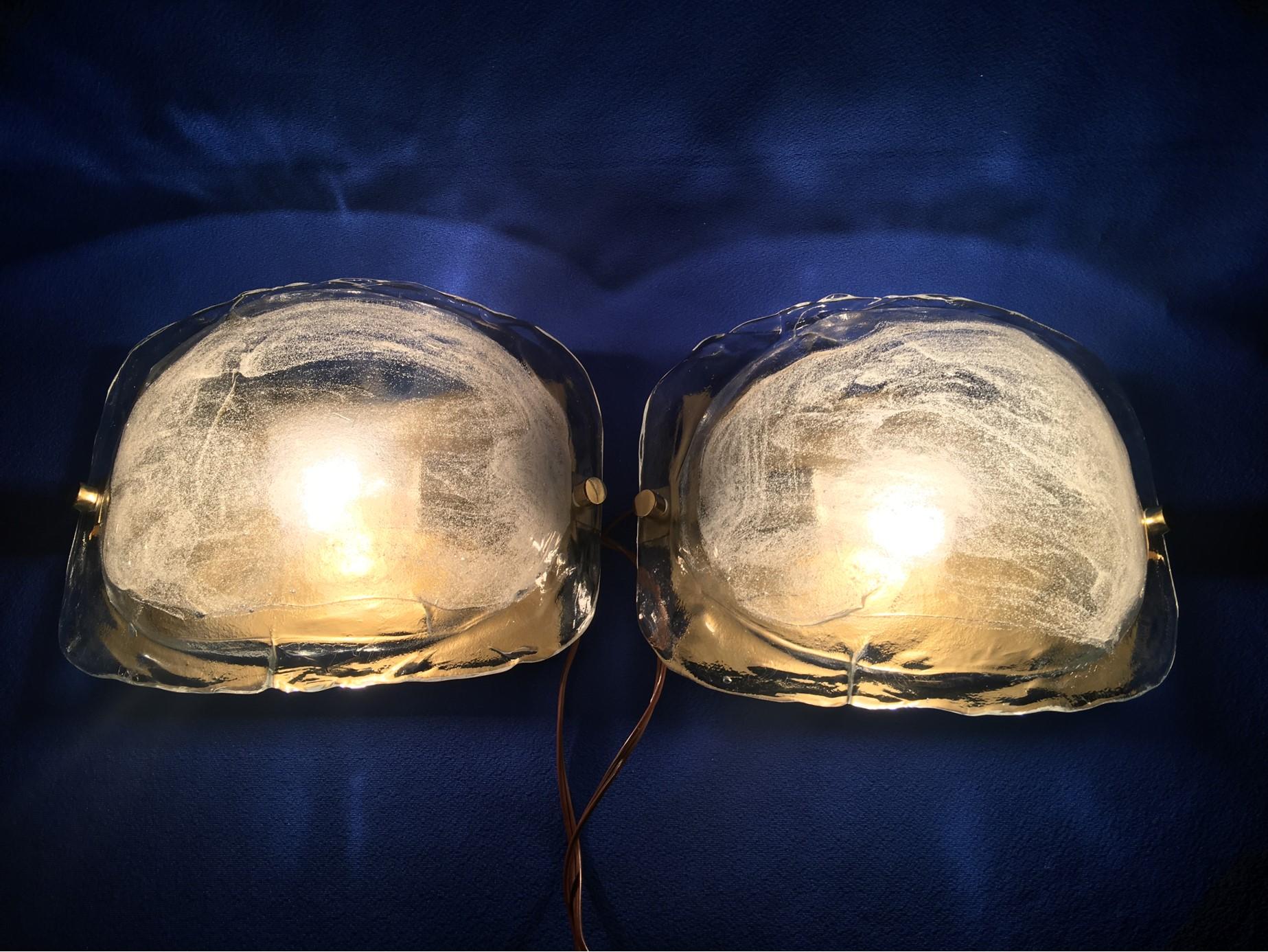 Mazzega Style Pair of Clear and White Murano Glass Sconces by Kaiser Leuchten In Good Condition For Sale In Frisco, TX