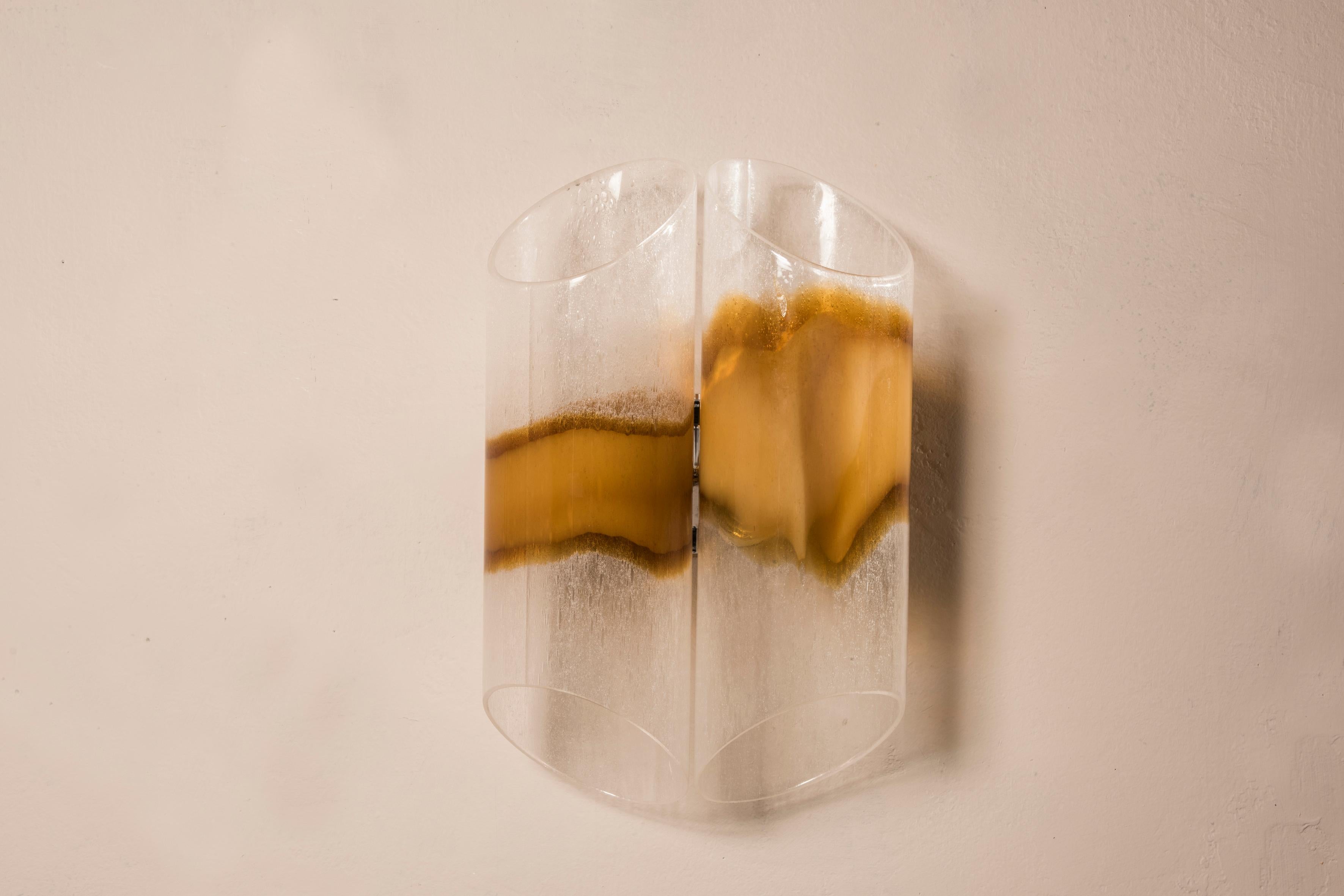 Late 20th Century Mazzega Transparent Ocher Blown Glass Tubular Wall Sconces Set of Three For Sale