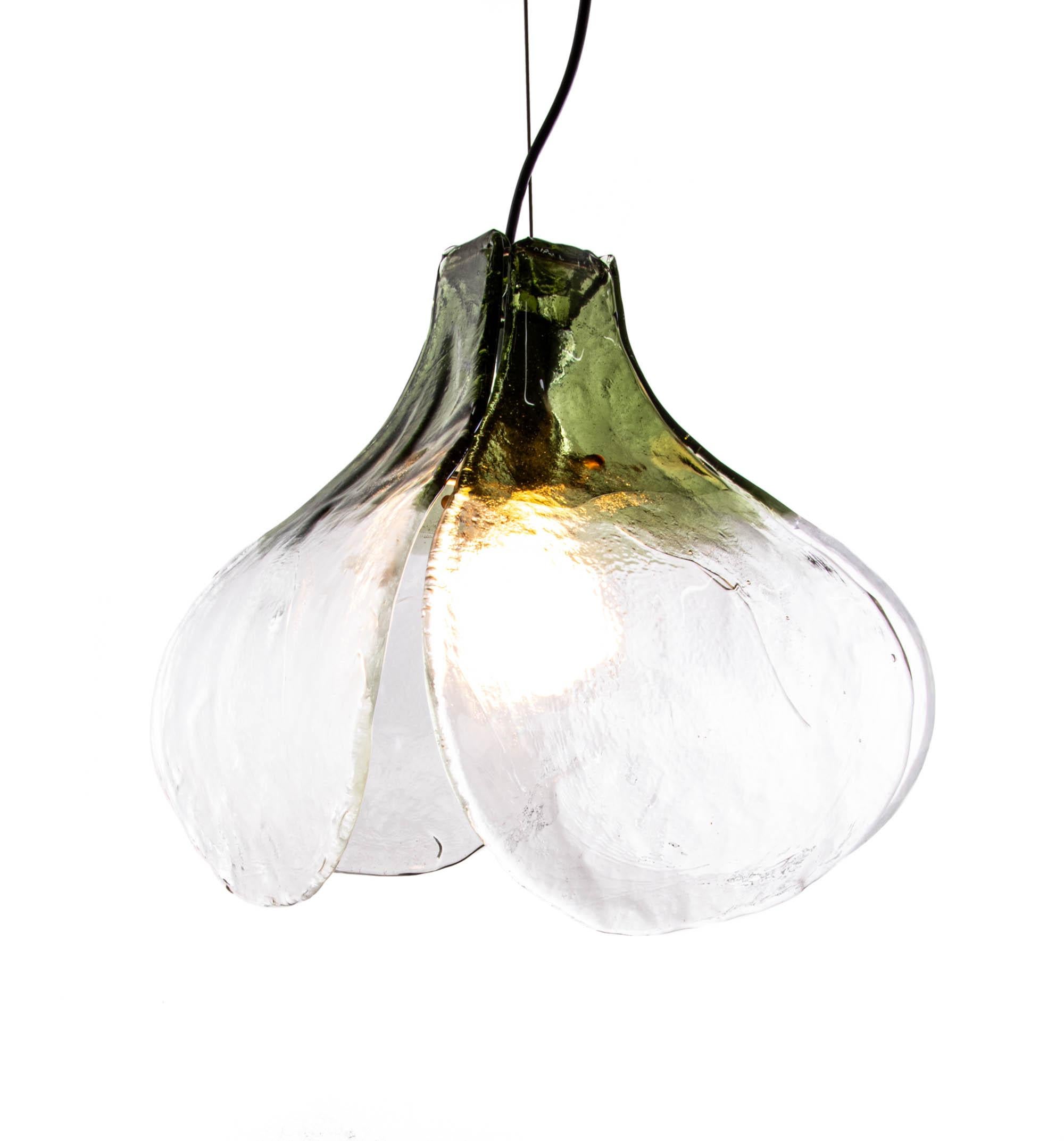 Italian Mazzega Tulip Pendant Lamp Green & Clear Murano Glass by Carlo Nason Italy 1960s
