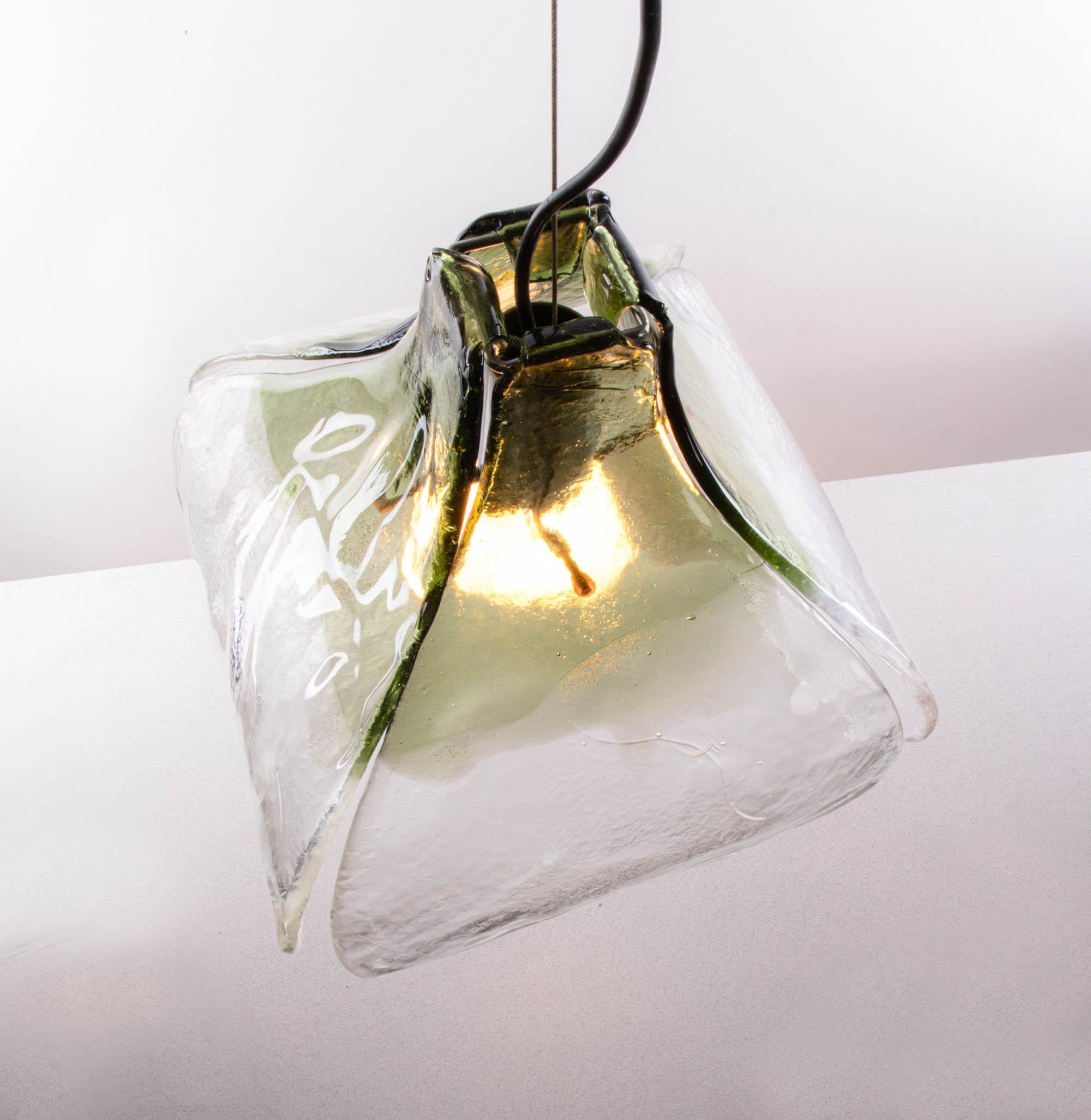 Hand-Crafted Mazzega Tulip Pendant Lamp Green & Clear Murano Glass by Carlo Nason Italy 1960s
