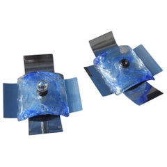 Mazzega Wall sconces Steel curved and Murano art glass Italian design 1970