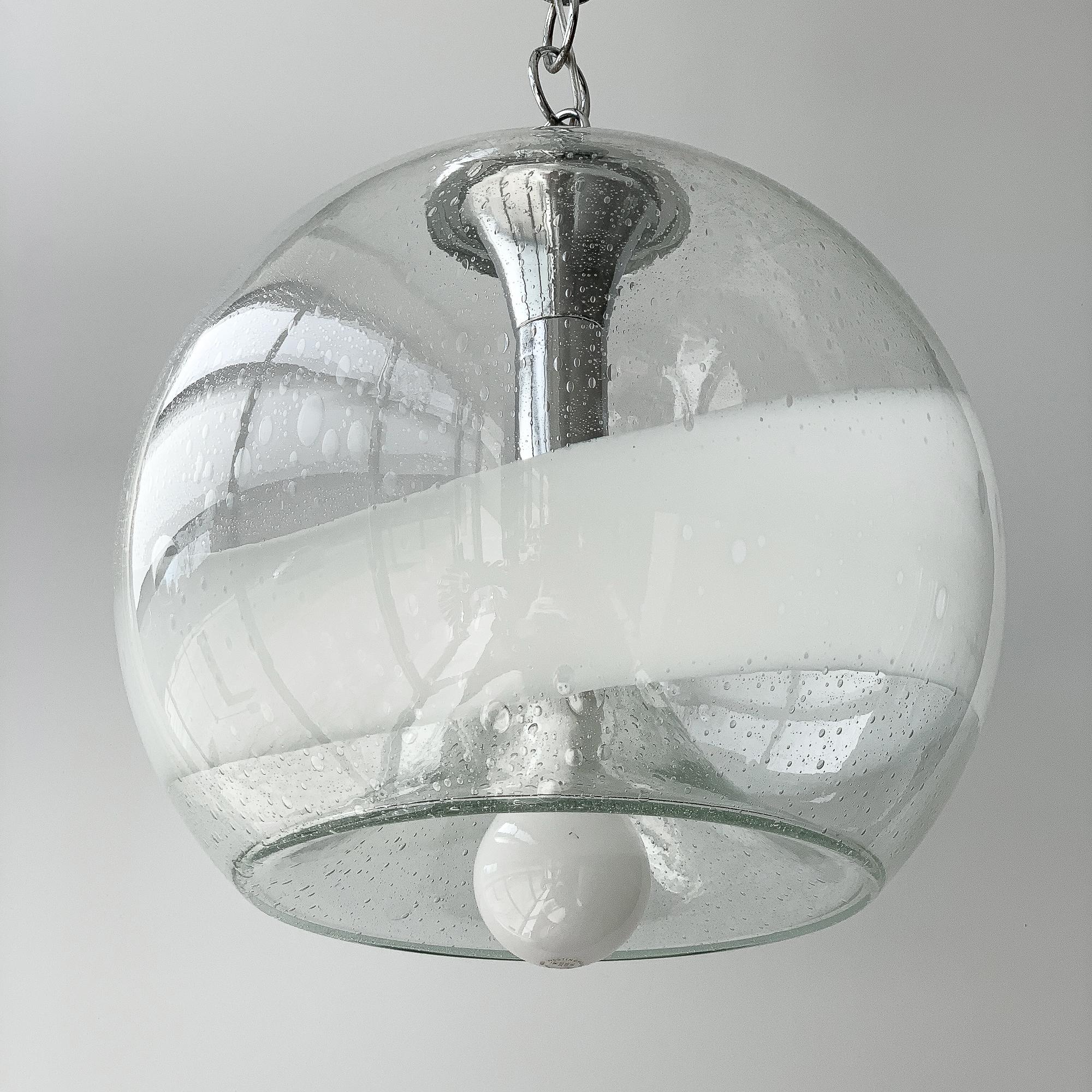 Mid-Century Modern Mazzega White Stripe Murano Glass Globe Pendant Chandelier