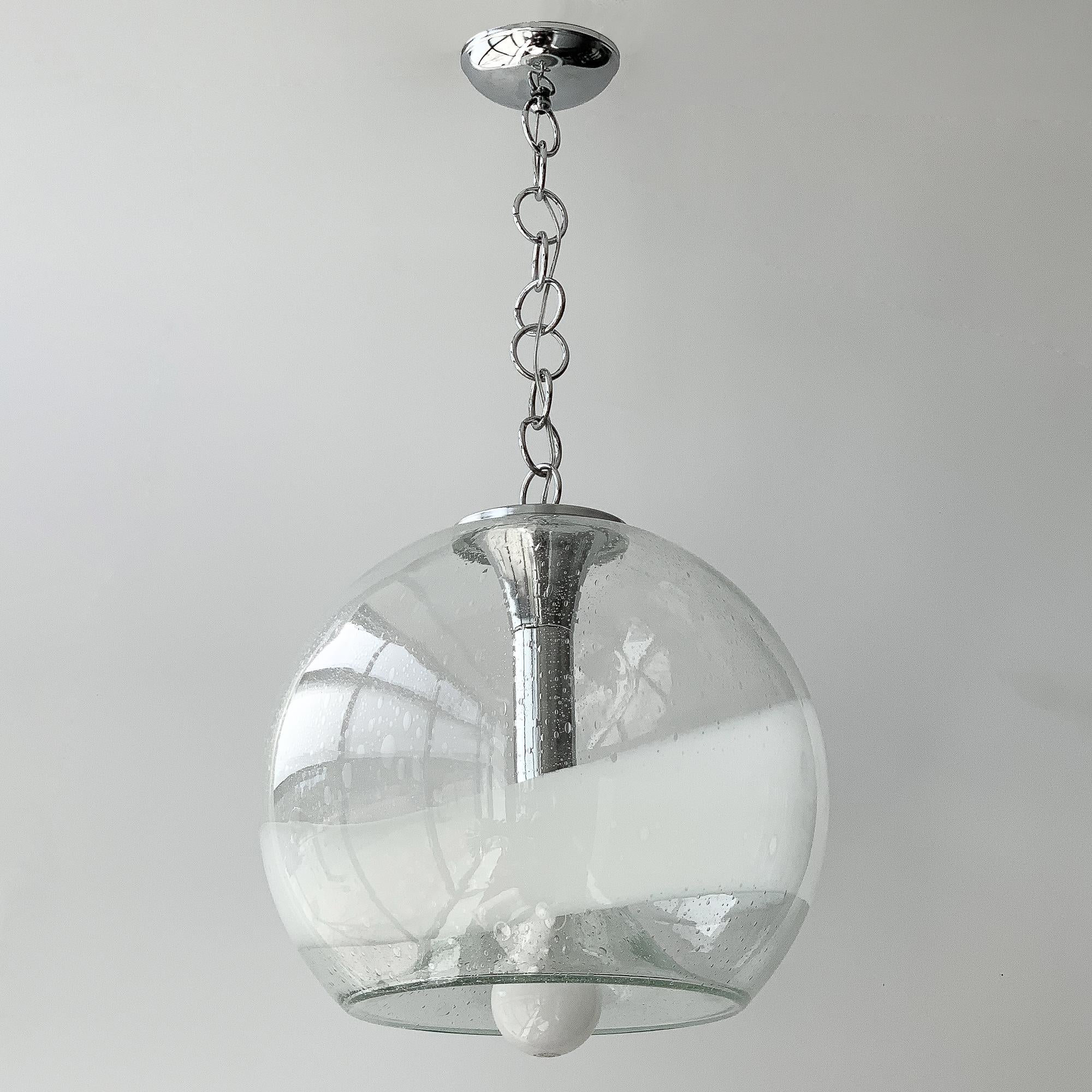 Italian Mazzega White Stripe Murano Glass Globe Pendant Chandelier