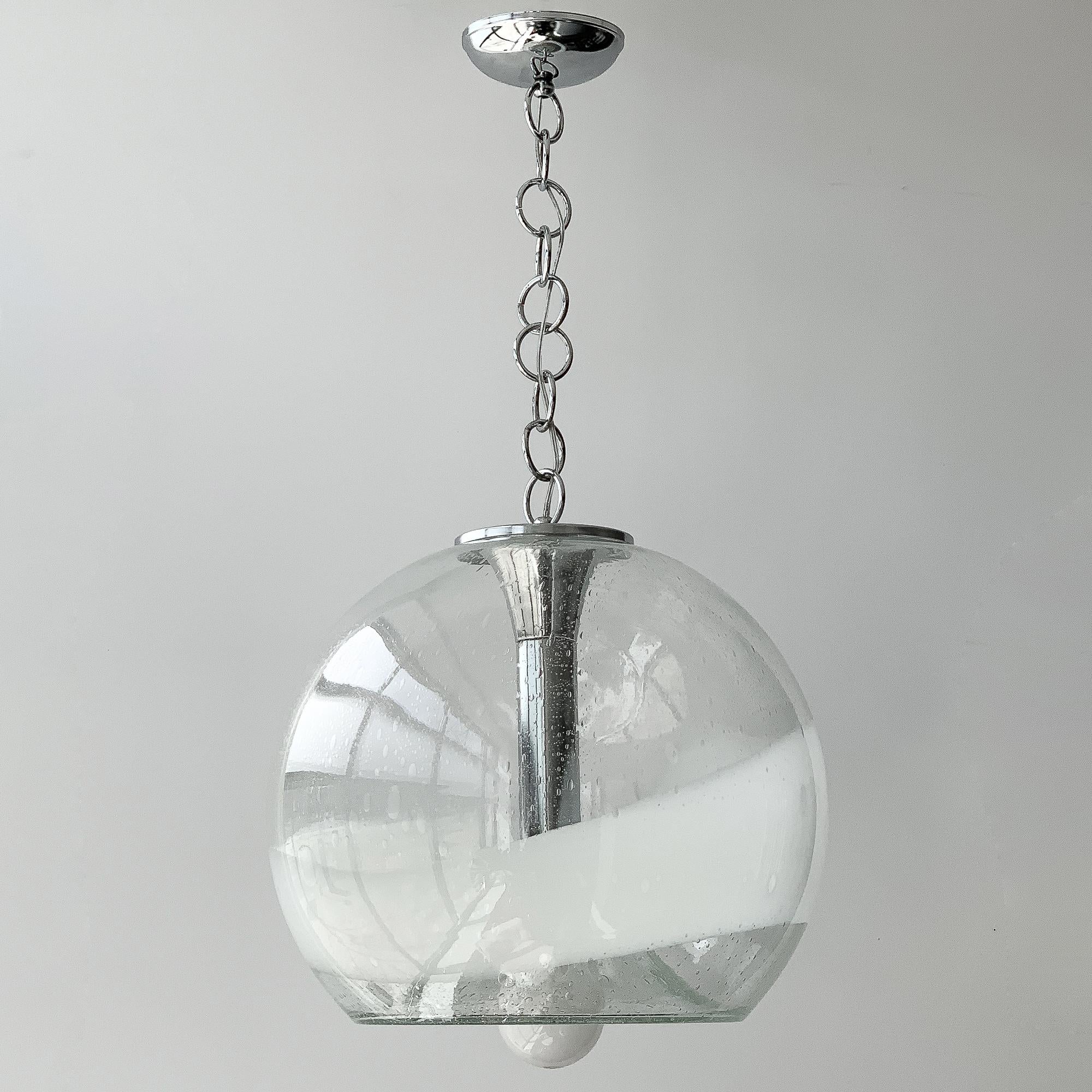 Mazzega White Stripe Murano Glass Globe Pendant Chandelier In Good Condition In Chicago, IL