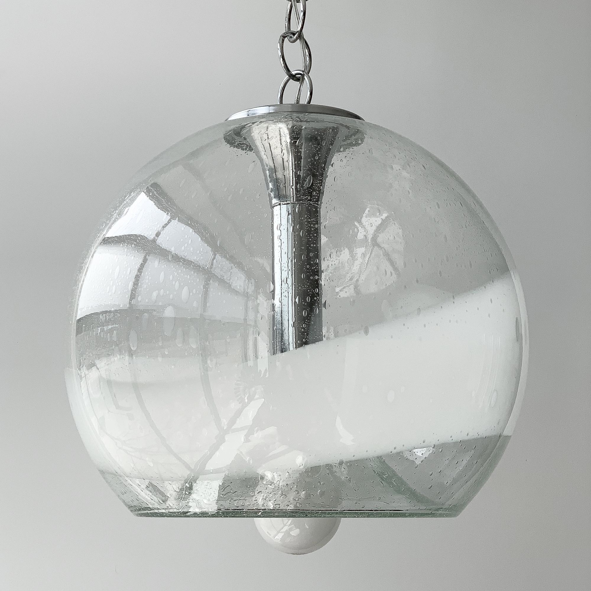 Late 20th Century Mazzega White Stripe Murano Glass Globe Pendant Chandelier