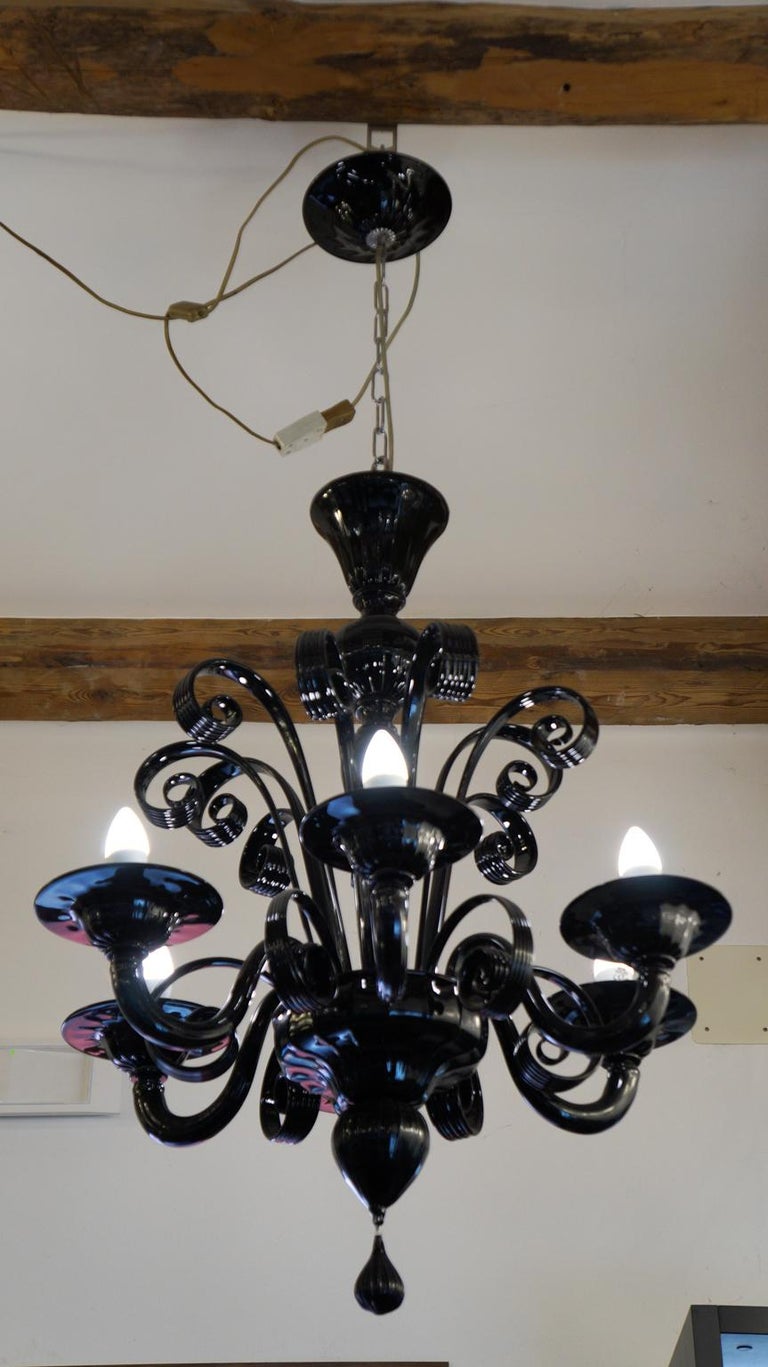 Hand-Crafted Mazzucato Mid-Century Modern Black Italian Murano Glass Chandelier, 1984 For Sale