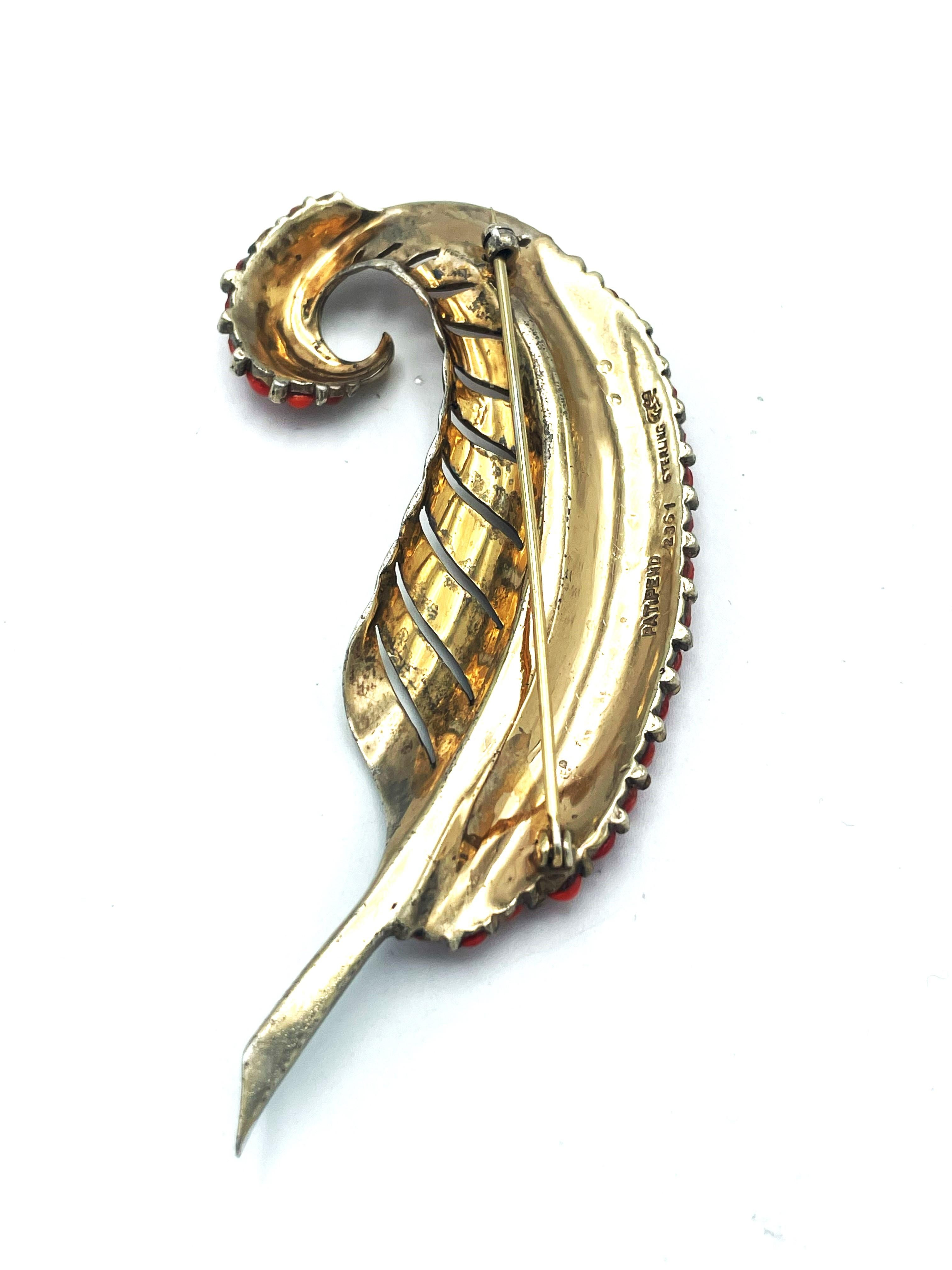 MB BOUCHER STERLING GOLD PAVE and corall Cabochons curling leaf brooch, 1946's For Sale 8