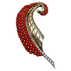 MB BOUCHER STERLING GOLD PAVE and corall Cabochons curling leaf brooch, 1946's