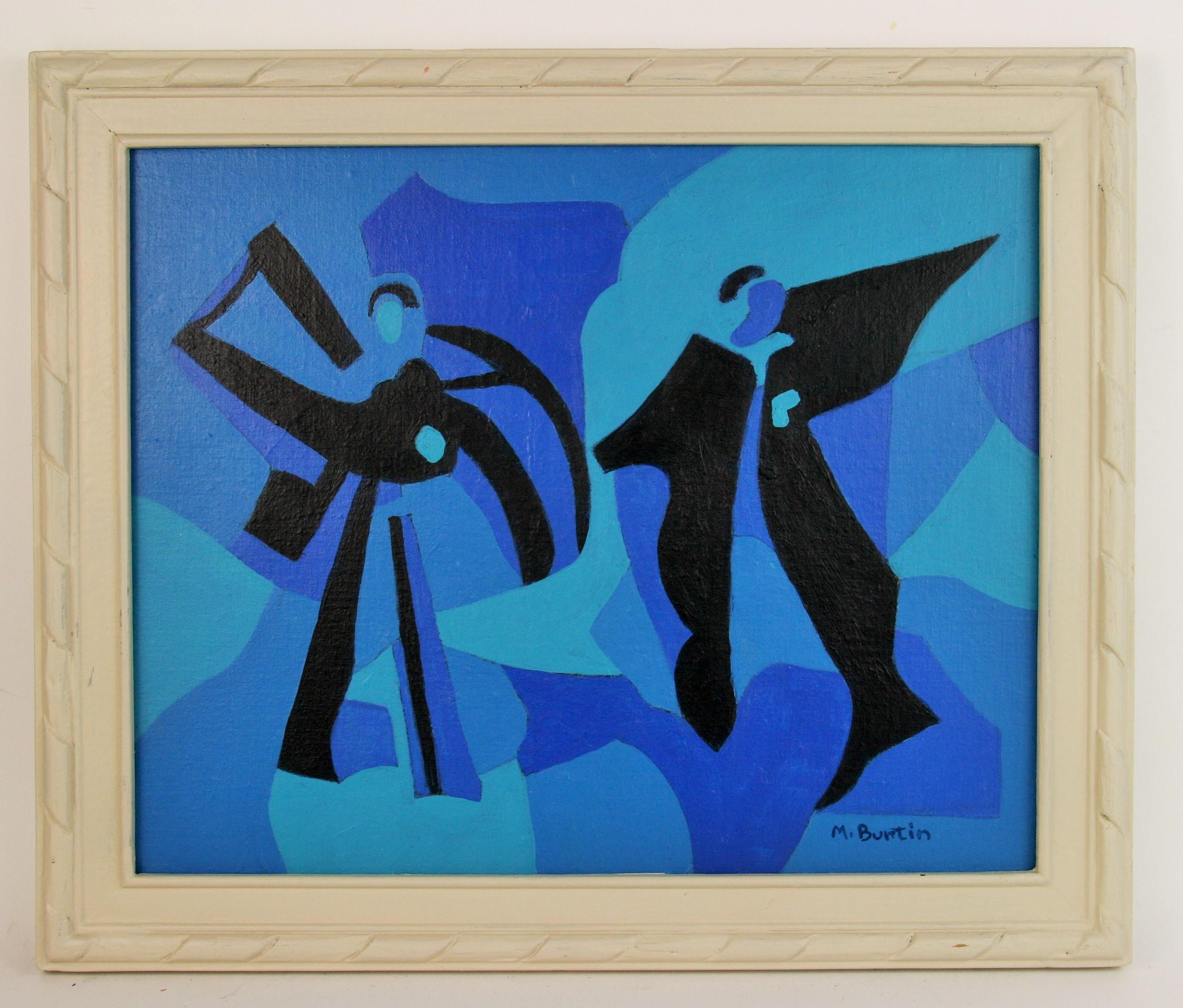 Figurative Painting M.Burting - Peinture figurative abstraite de théâtre japonaise de danse bleue