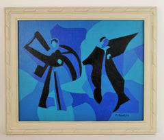 Vintage Japanese Theater Blue Dancing Figurative Abstract Painting