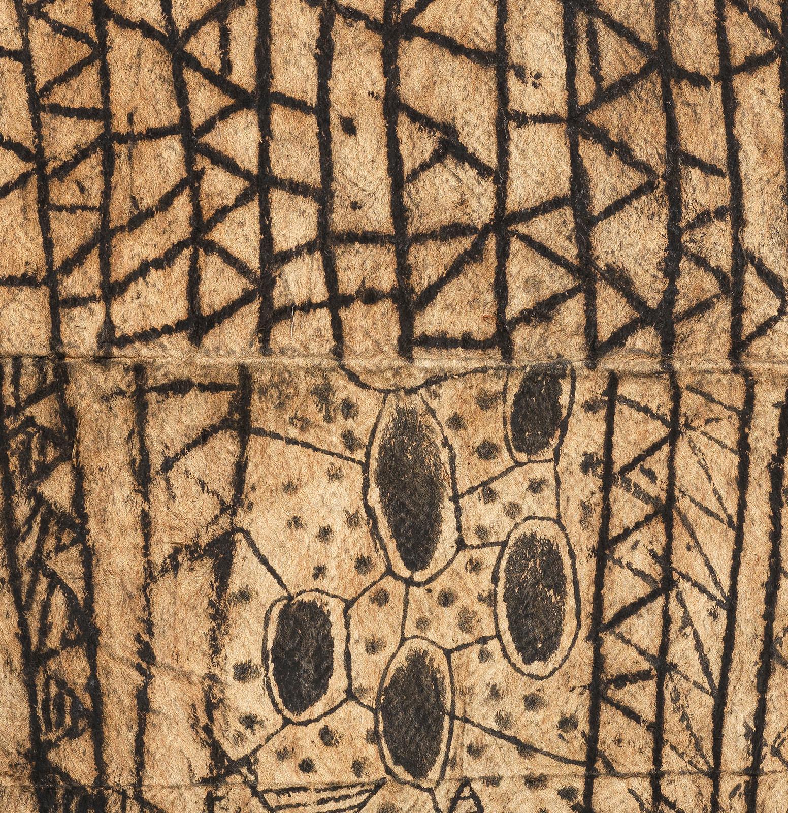Mbuti painting on Bark Cloth
Ituri Forest, DR Congo
20th century
0.54 x 0.75m (1’9″ x 2’6″)

The eccentric biomorphic and linear geometries of Mbuti bark cloths, painted by women, are impressionistic responses to the organic textures, patterning,