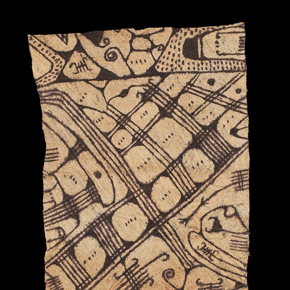Mbuti painting on Bark Cloth
Ituri Forest, DR Congo
20th century
34.75 x 12 ins.  87 x 30.5 cm

The eccentric biomorphic and linear geometries of Mbuti bark cloths, painted by women, are impressionistic responses to the organic textures, patterning,