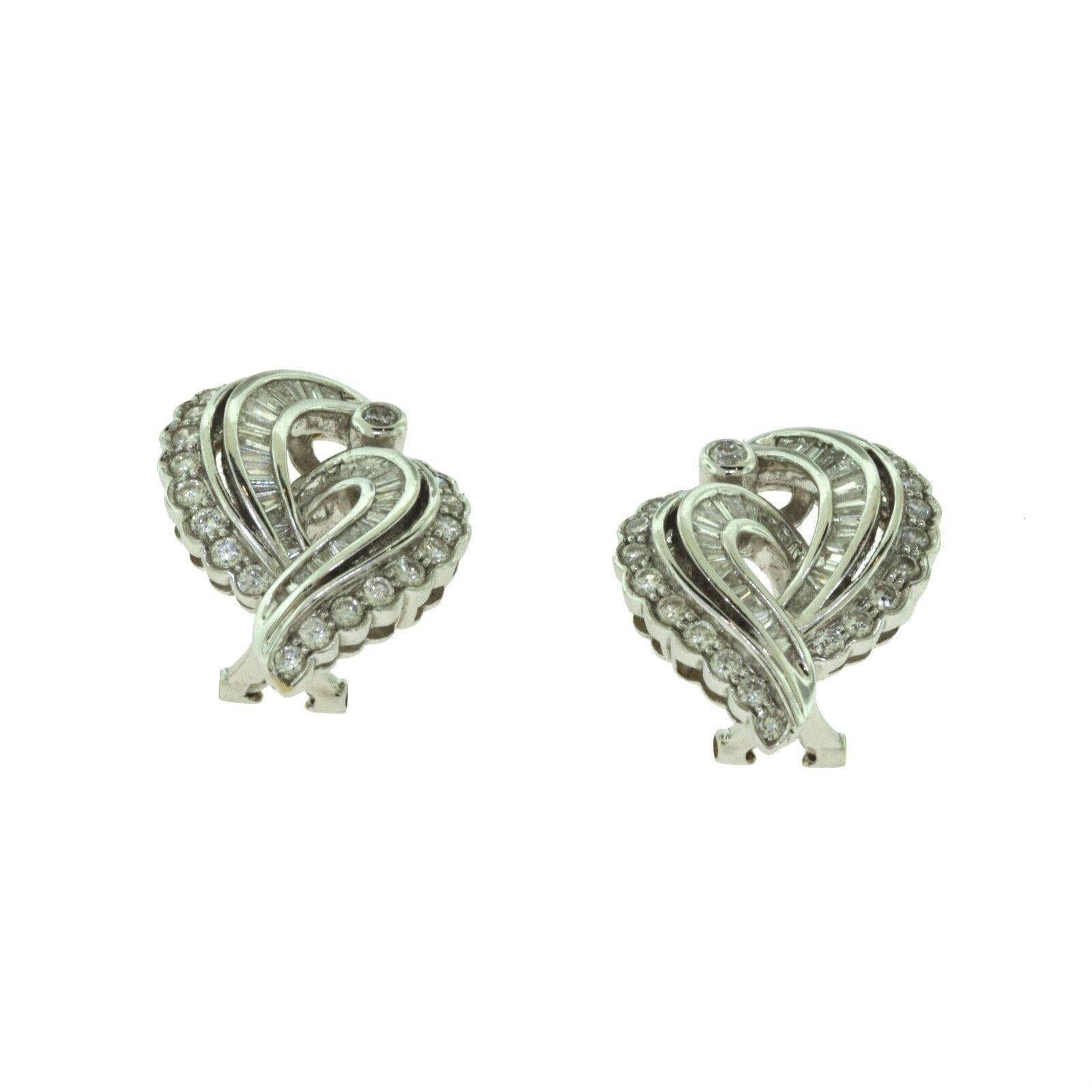 Baguette Cut MBV Signed Round and Baguette Diamond Swirl Cocktail Earrings, White Gold For Sale