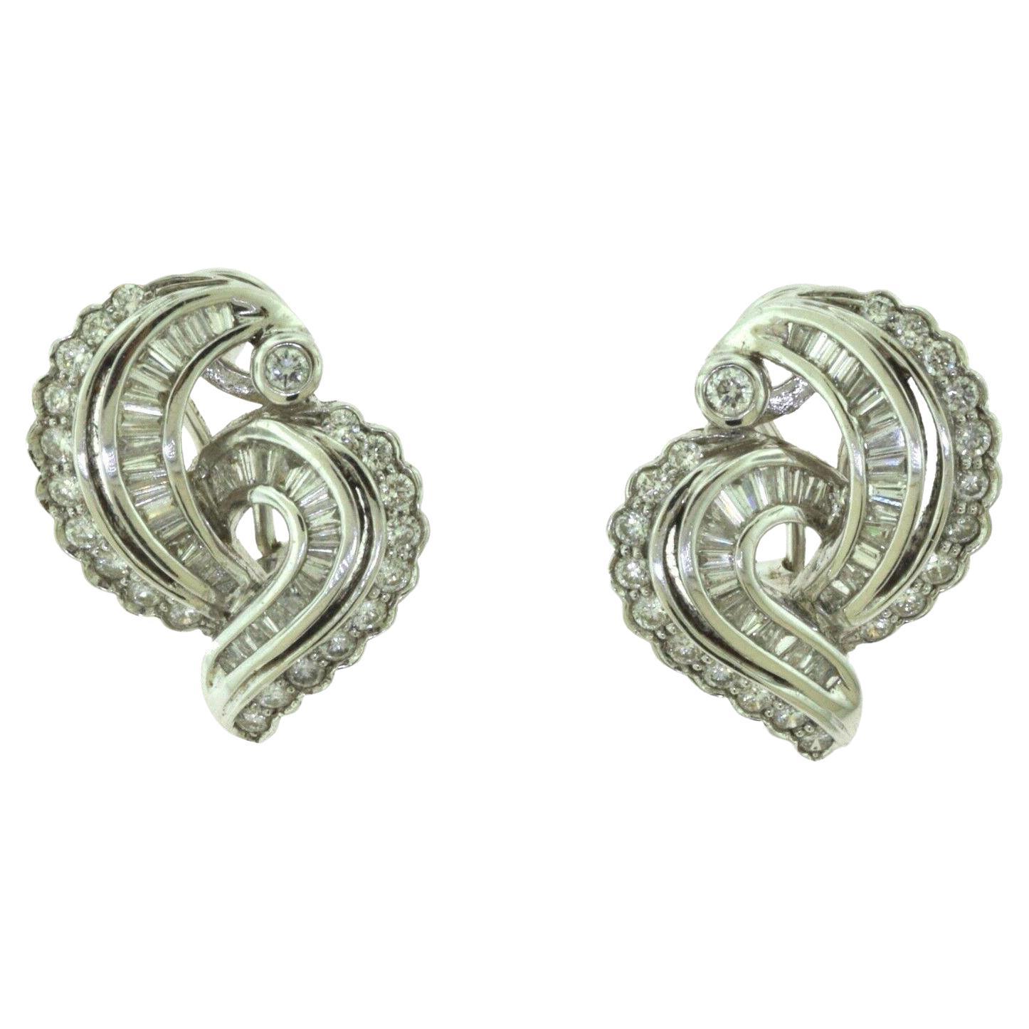 MBV Signed Round and Baguette Diamond Swirl Cocktail Earrings, White Gold For Sale