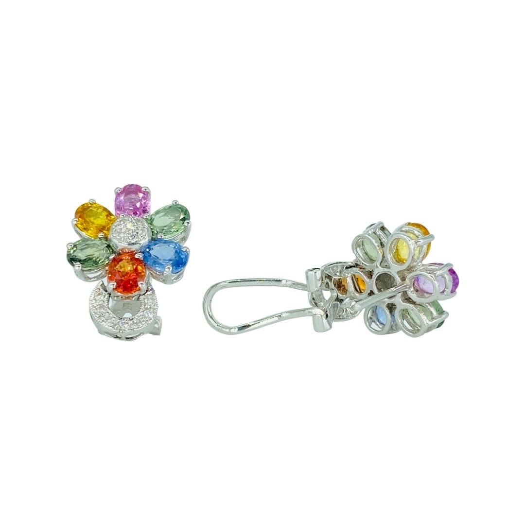 MC Art Deco 9.30 Carat Multi Color Sapphires and Diamonds Flower Basket Earrings For Sale 6