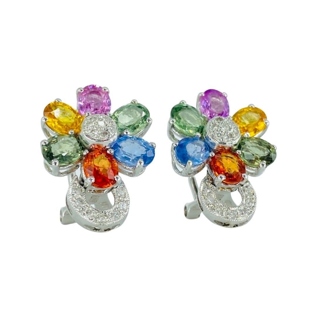 Oval Cut MC Art Deco 9.30 Carat Multi Color Sapphires and Diamonds Flower Basket Earrings For Sale
