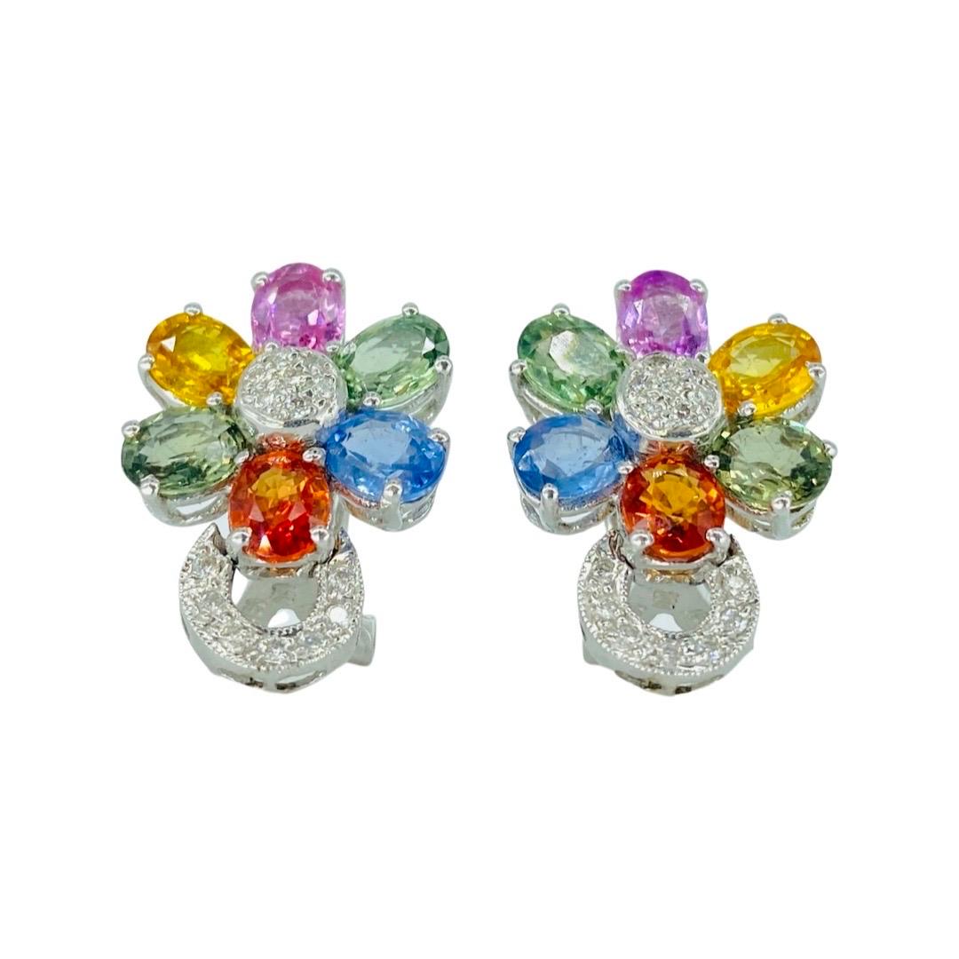 MC Art Deco 9.30 Carat Multi Color Sapphires and Diamonds Flower Basket Earrings In Excellent Condition For Sale In Miami, FL