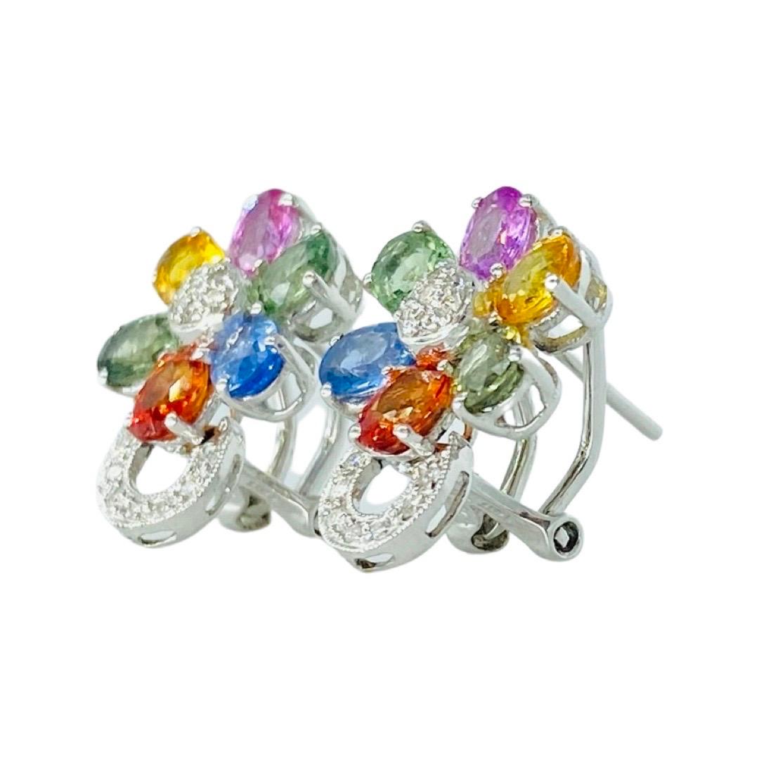 Boucles d'oreilles panier de fleurs art déco MC en saphirs multicolores de 9,30 carats et diamants Excellent état - En vente à Miami, FL