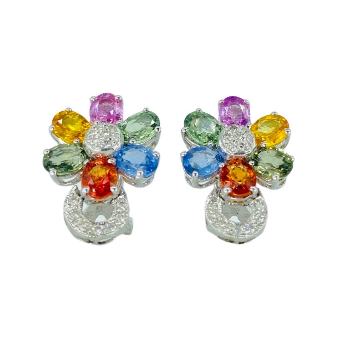 MC Art Deco 9.30 Carat Multi Color Sapphires and Diamonds Flower Basket Earrings For Sale 1