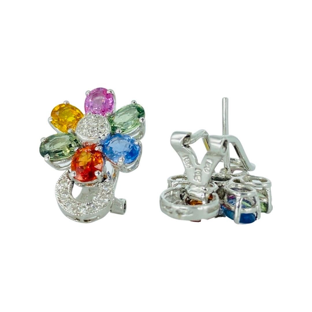 MC Art Deco 9.30 Carat Multi Color Sapphires and Diamonds Flower Basket Earrings For Sale 2
