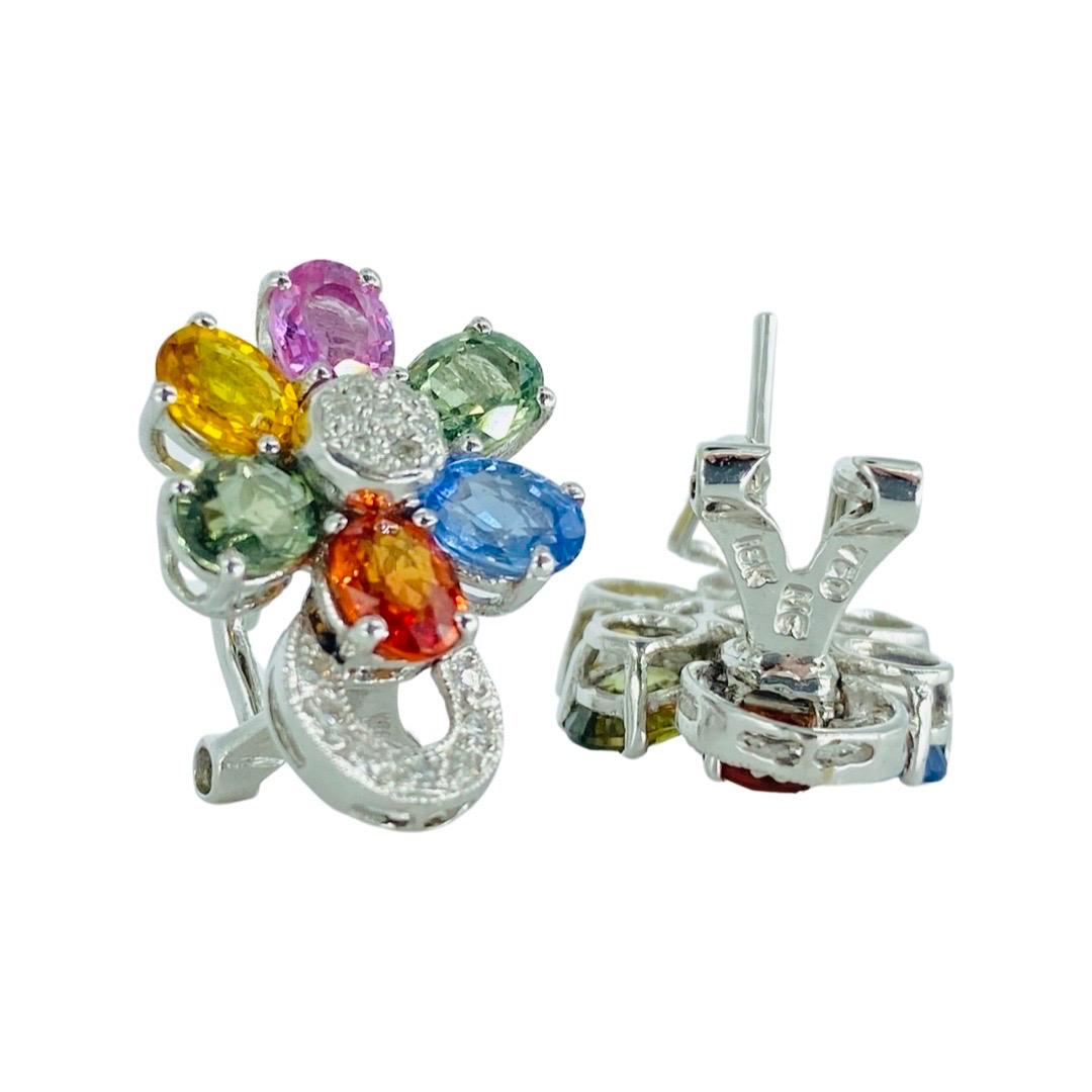 MC Art Deco 9.30 Carat Multi Color Sapphires and Diamonds Flower Basket Earrings For Sale 3