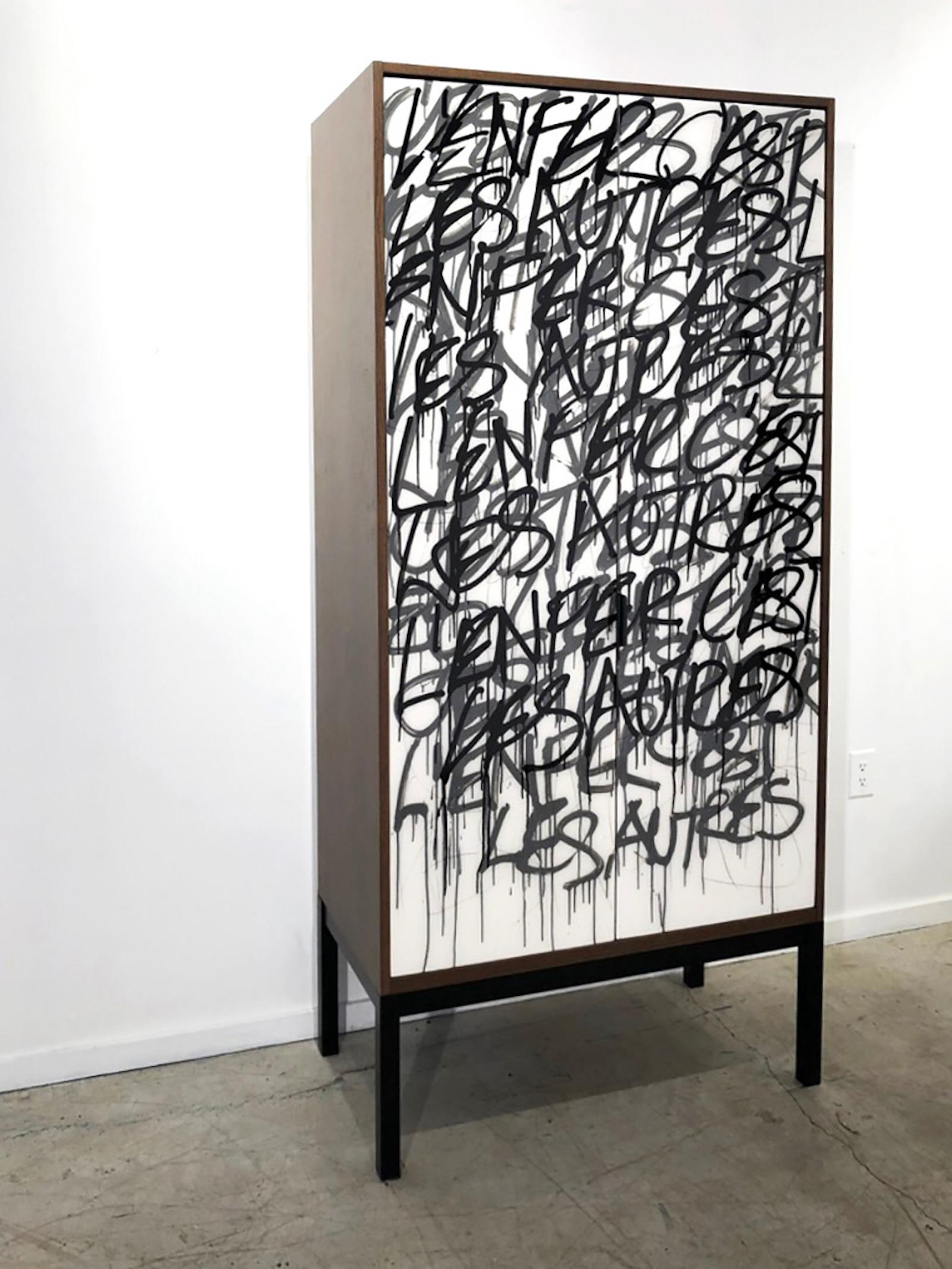 Canadian MC Bar Cabinet by Morgan Clayhall, mix media artwork on doors, custom For Sale