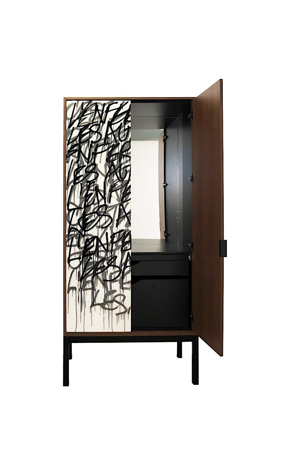 Contemporary MC Bar Cabinet by Morgan Clayhall, mix media artwork on doors, custom For Sale