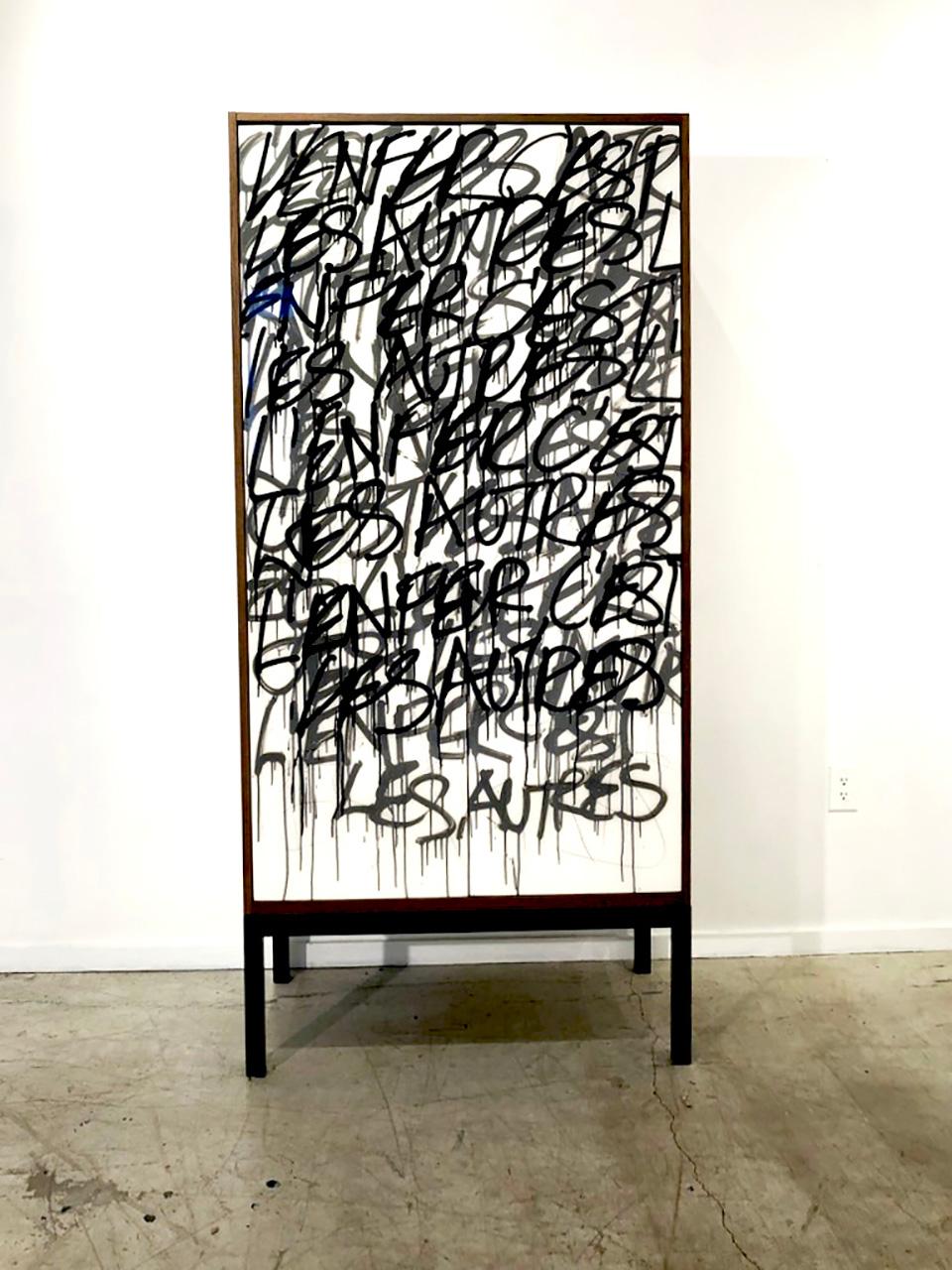 Steel MC Bar Cabinet by Morgan Clayhall, mix media artwork on doors, custom For Sale